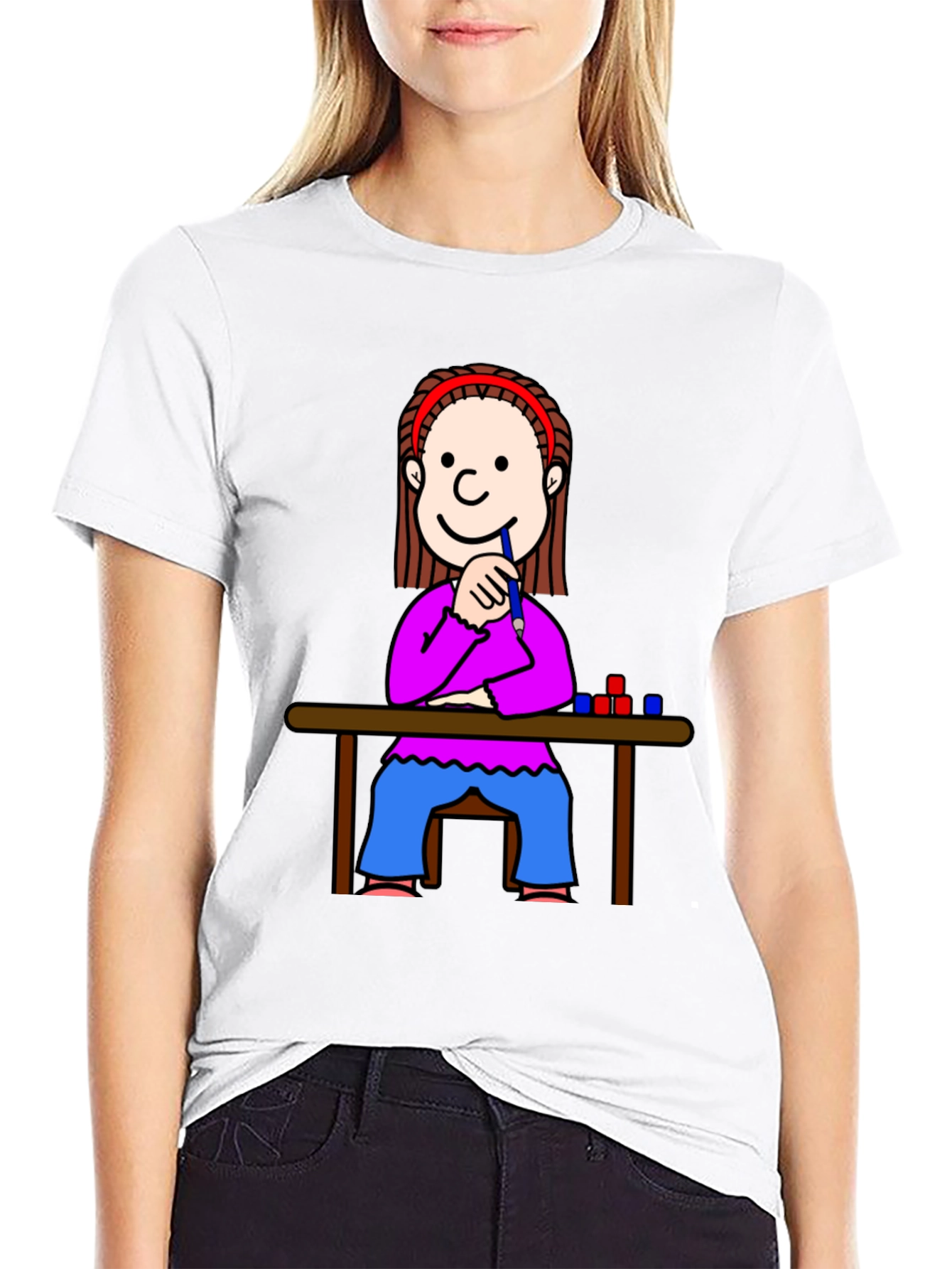 Cartoon Girl at Desk Black T-Shirt