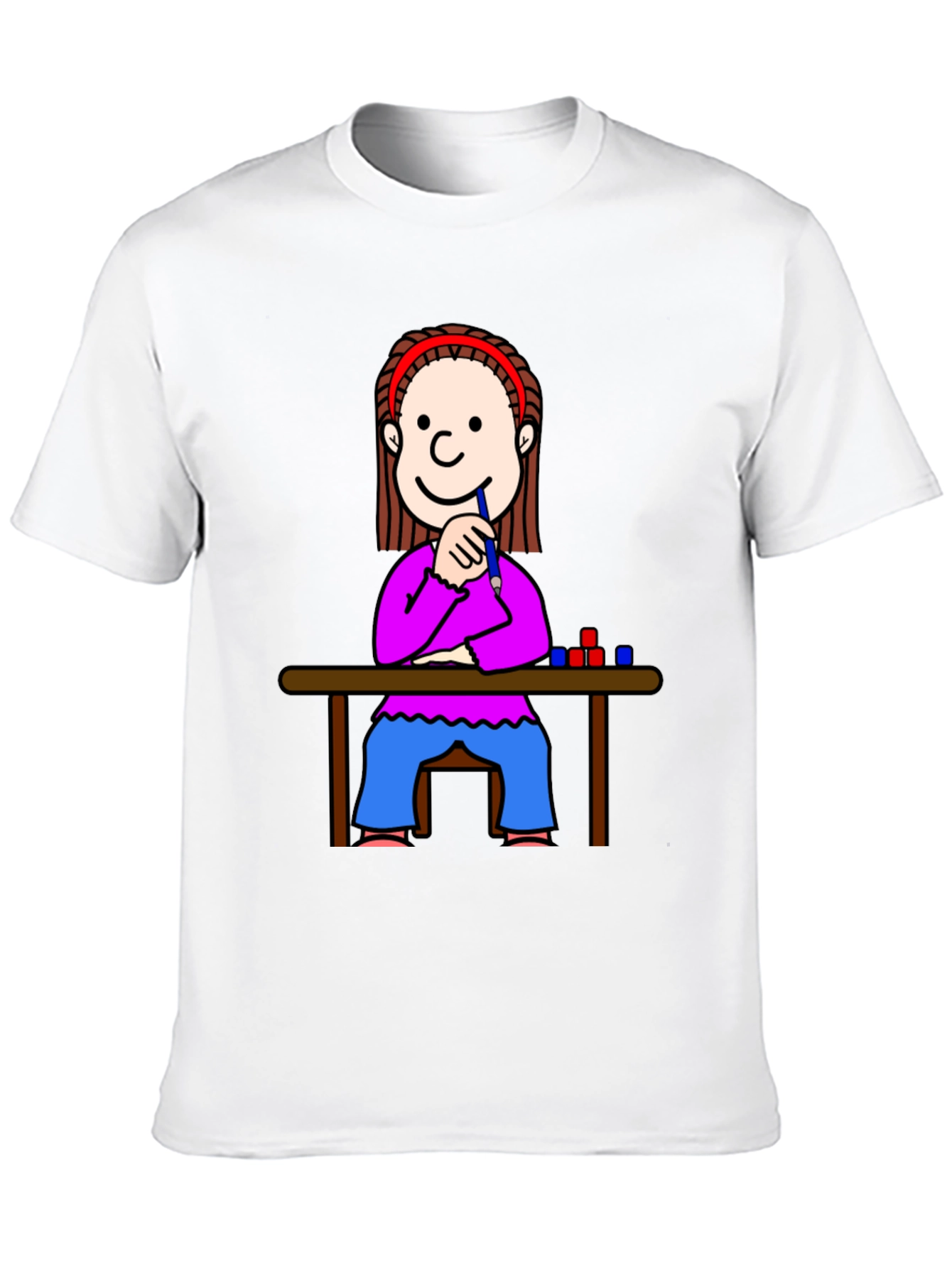Cartoon Girl at Desk Black T-Shirt