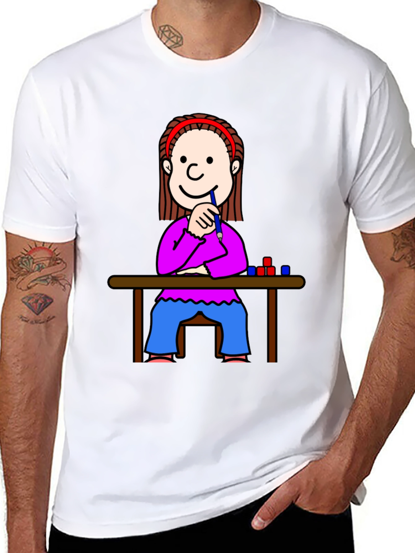 Cartoon Girl at Desk Black T-Shirt