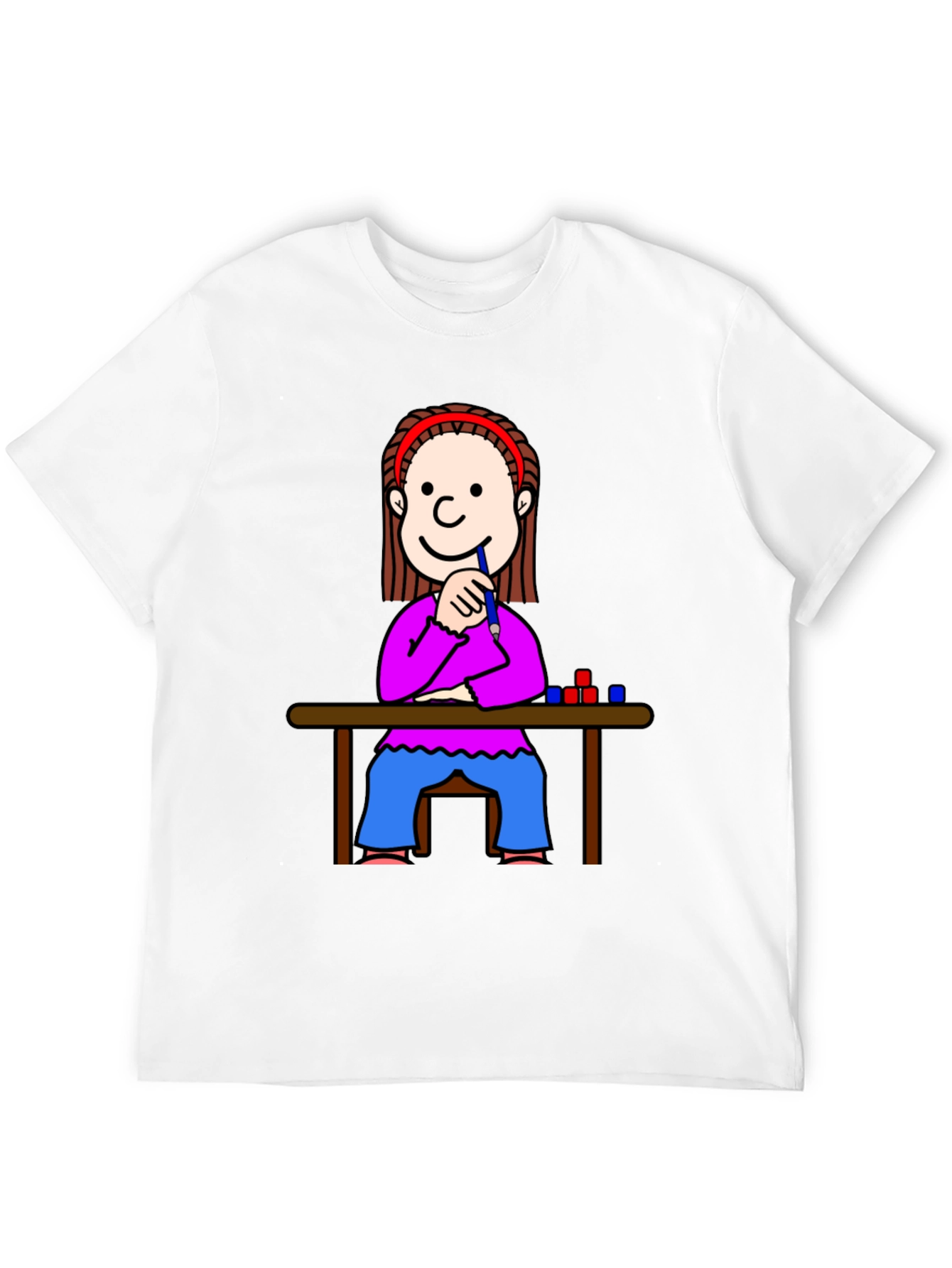 Cartoon Girl at Desk Black T-Shirt