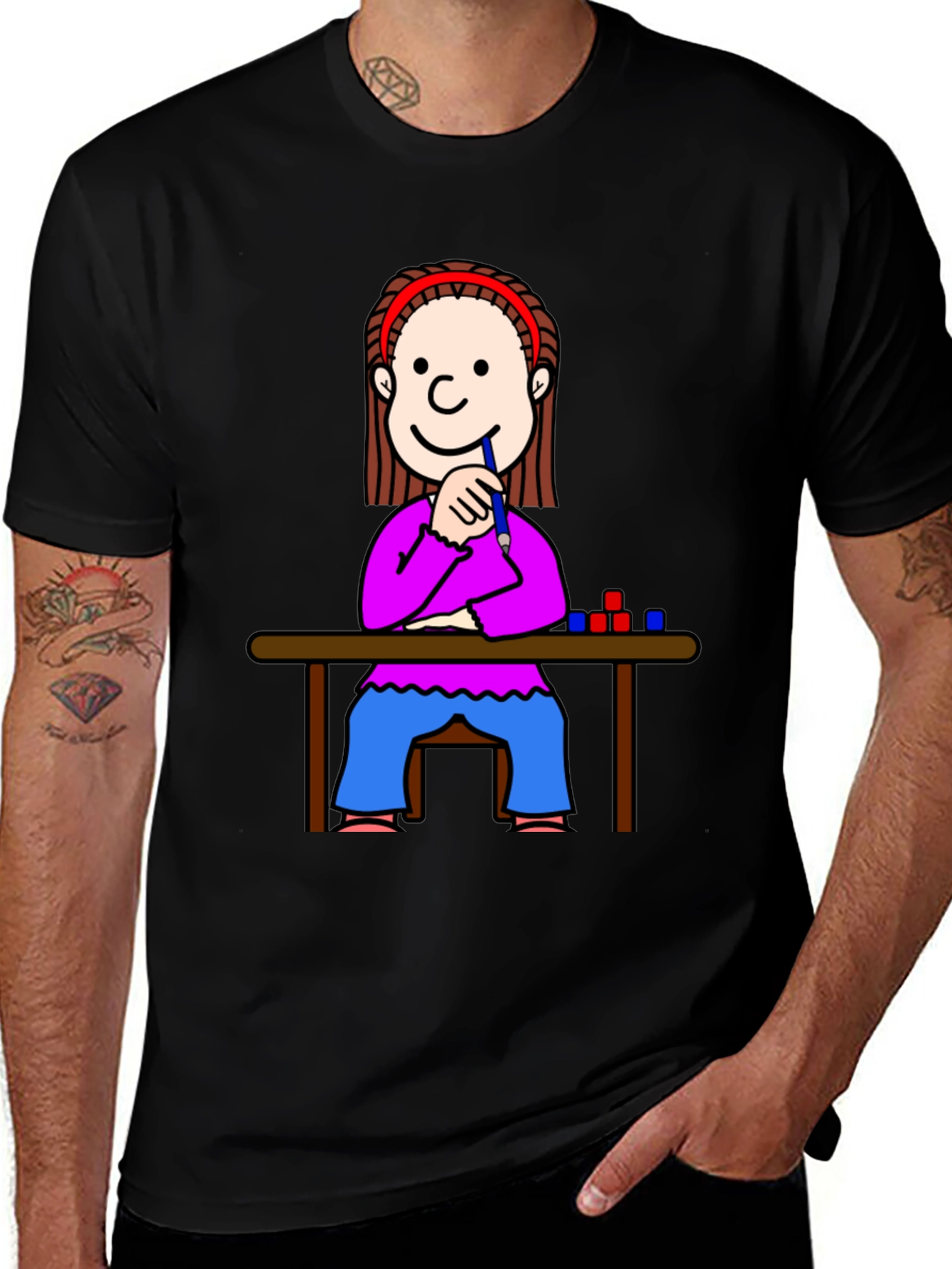 Cartoon Girl at Desk Black T-Shirt