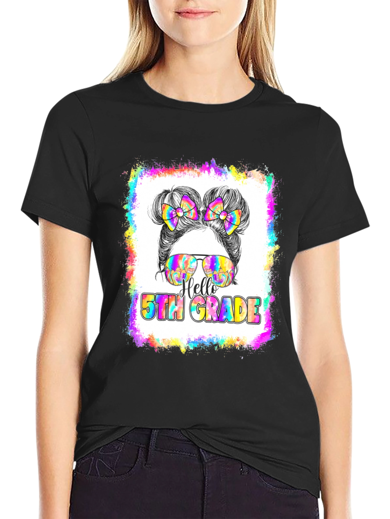 Hello 5th Grade Messy Bun Tie Dye T-Shirt