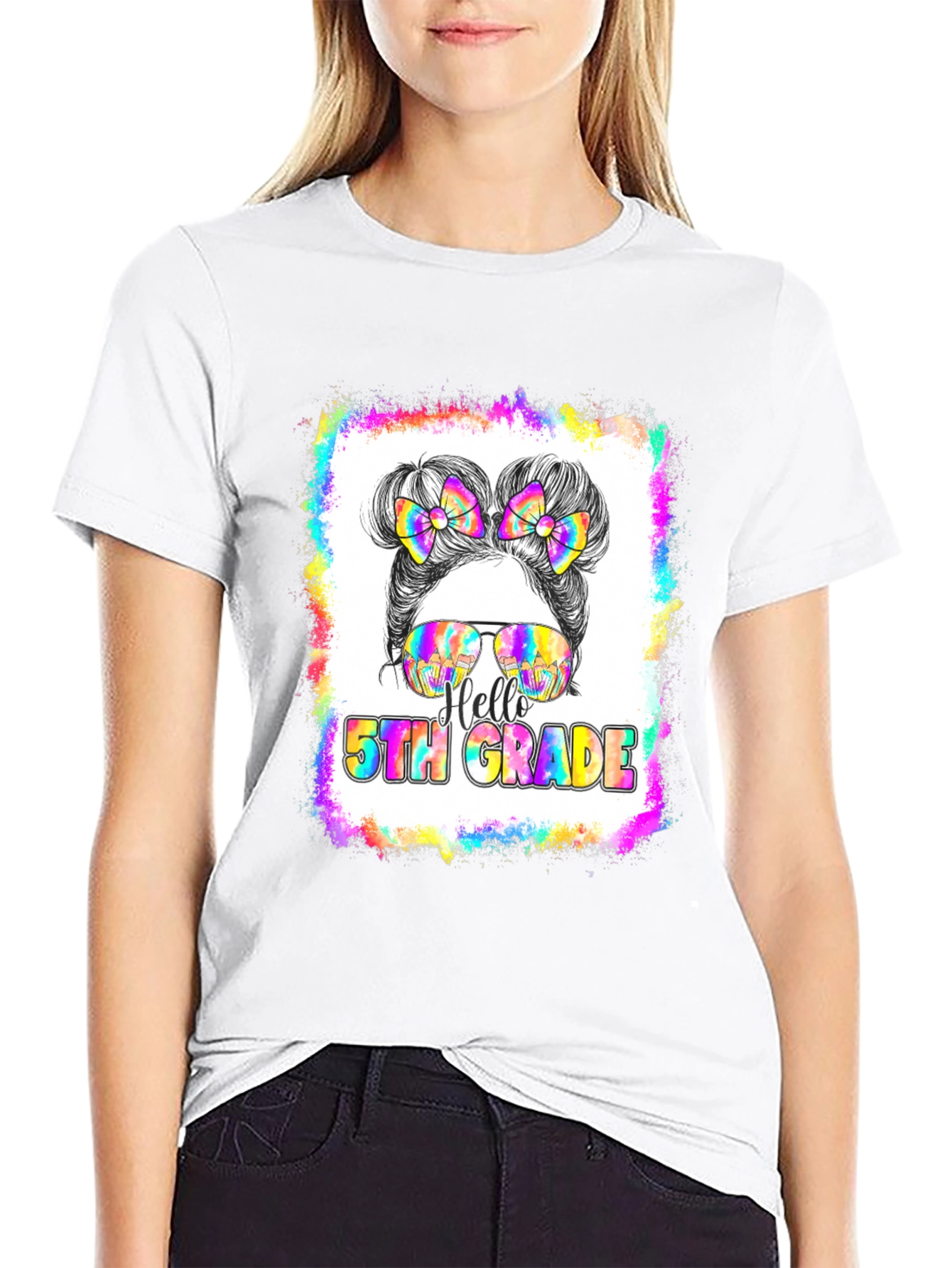 Hello 5th Grade Messy Bun Tie Dye T-Shirt