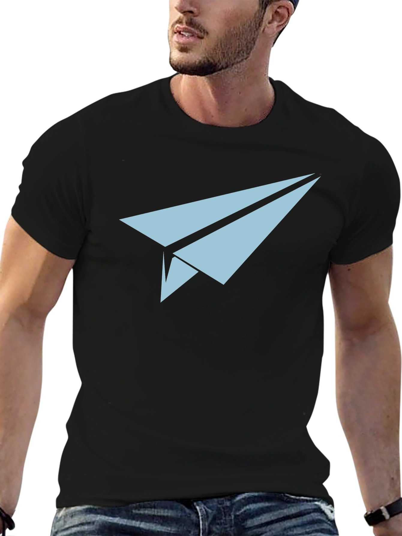 Paper Airplane Graphic Tee - Black Cotton Casual Top