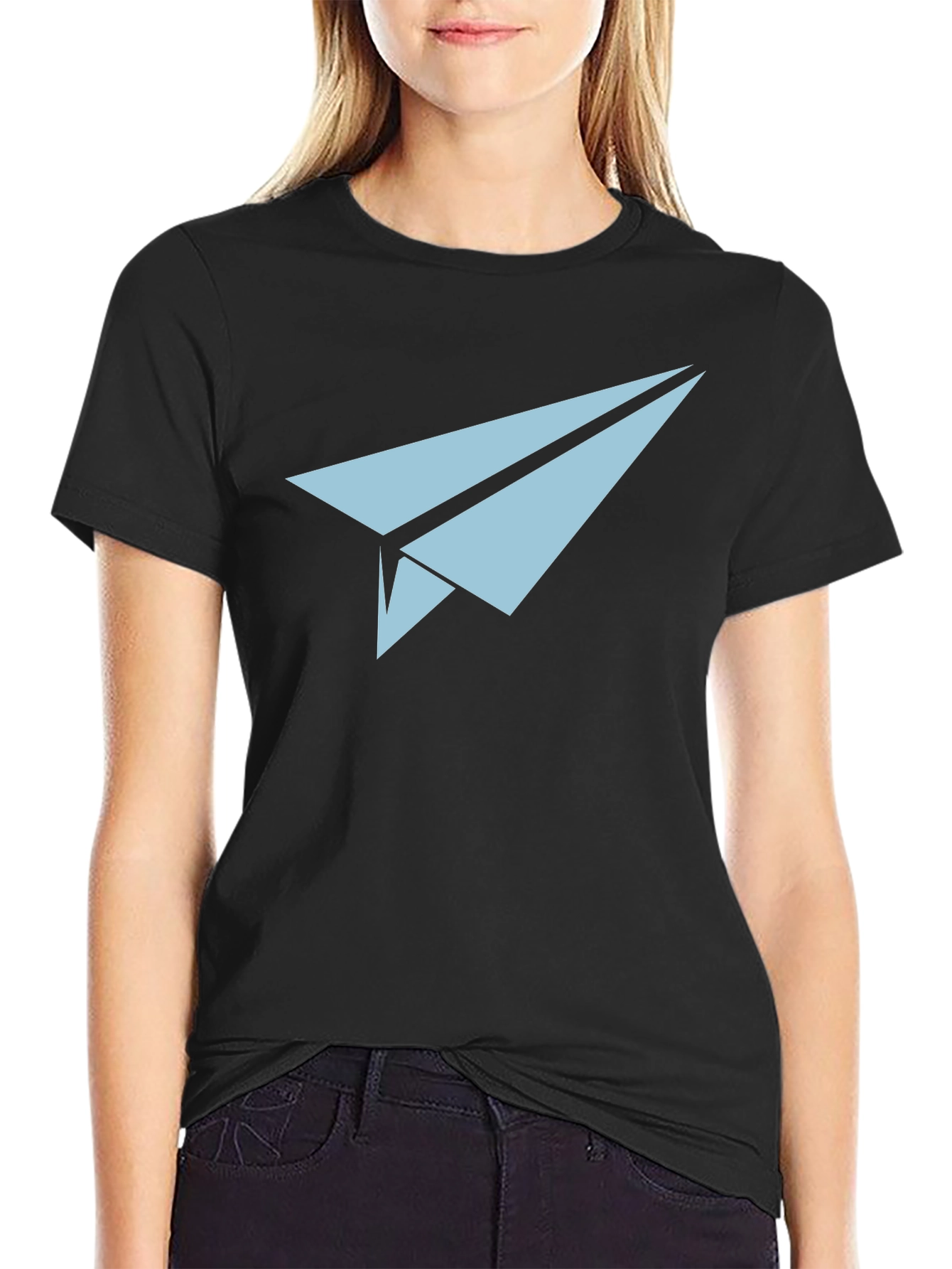 Paper Airplane Graphic Tee - Black Cotton Casual Top
