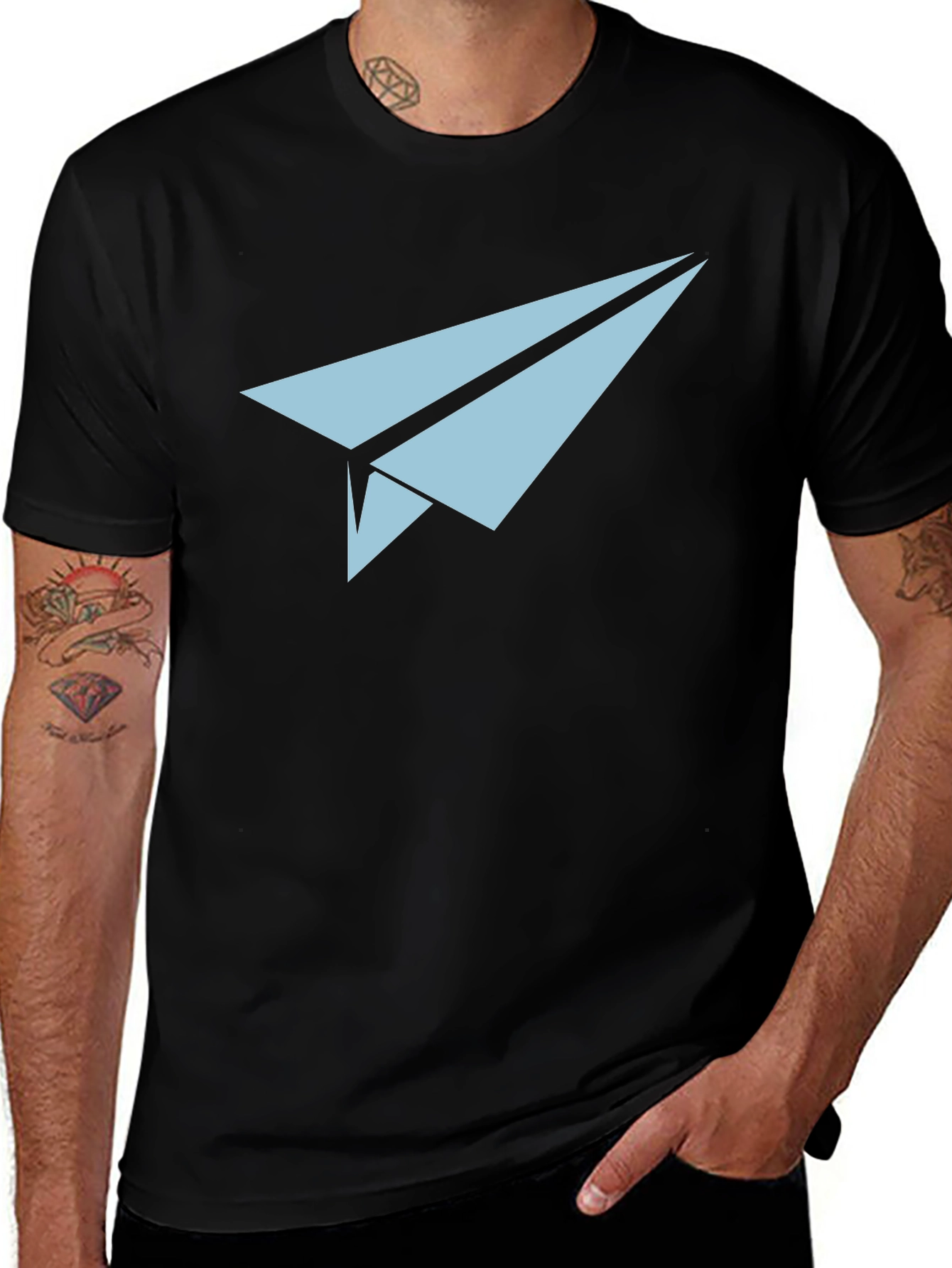 Paper Airplane Graphic Tee - Black Cotton Casual Top
