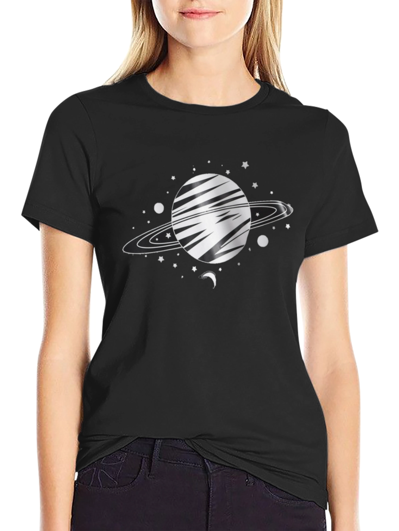 Space Saturn Graphic Tee - Black Cotton Blend