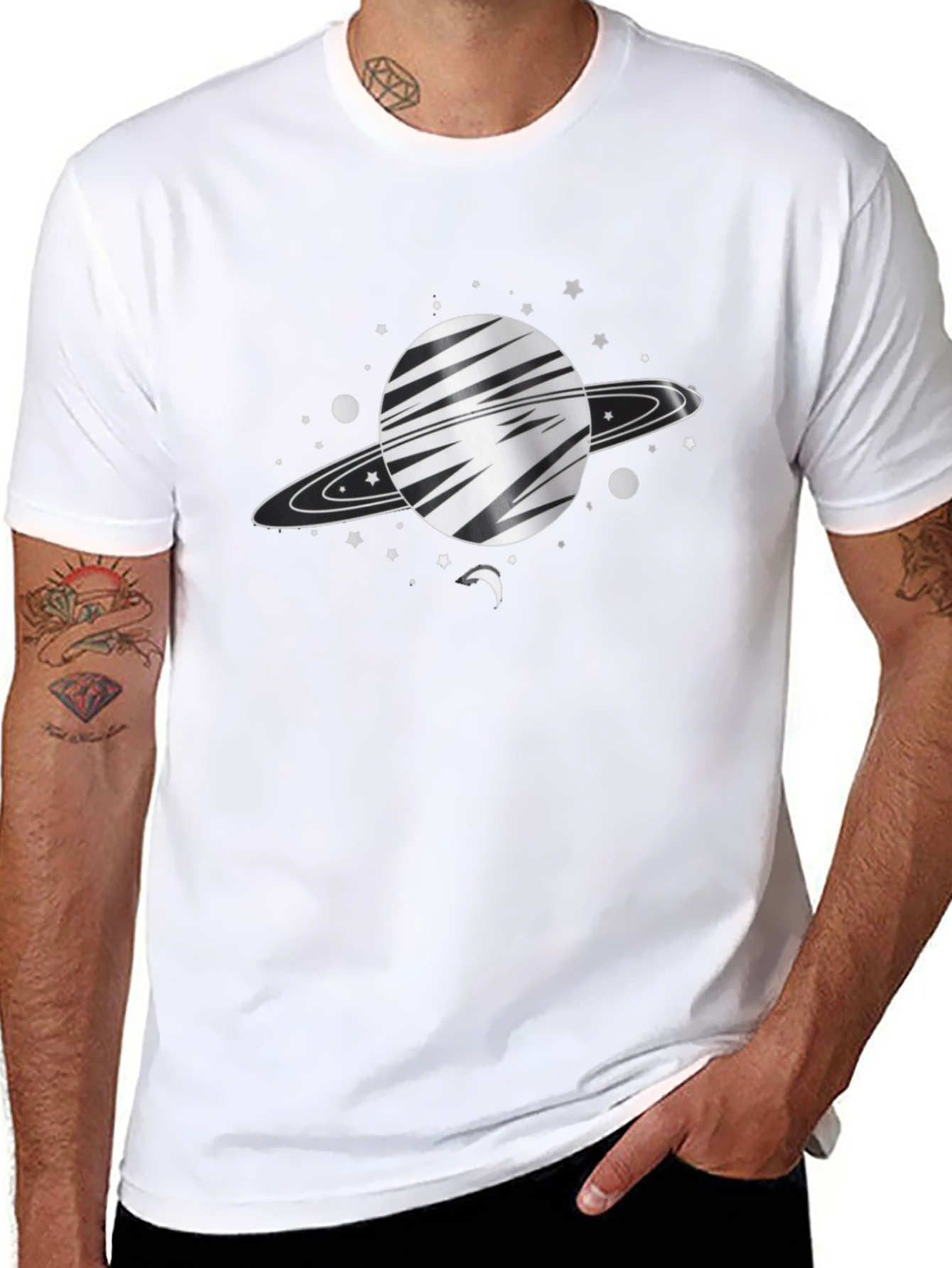Space Saturn Graphic Tee - Black Cotton Blend