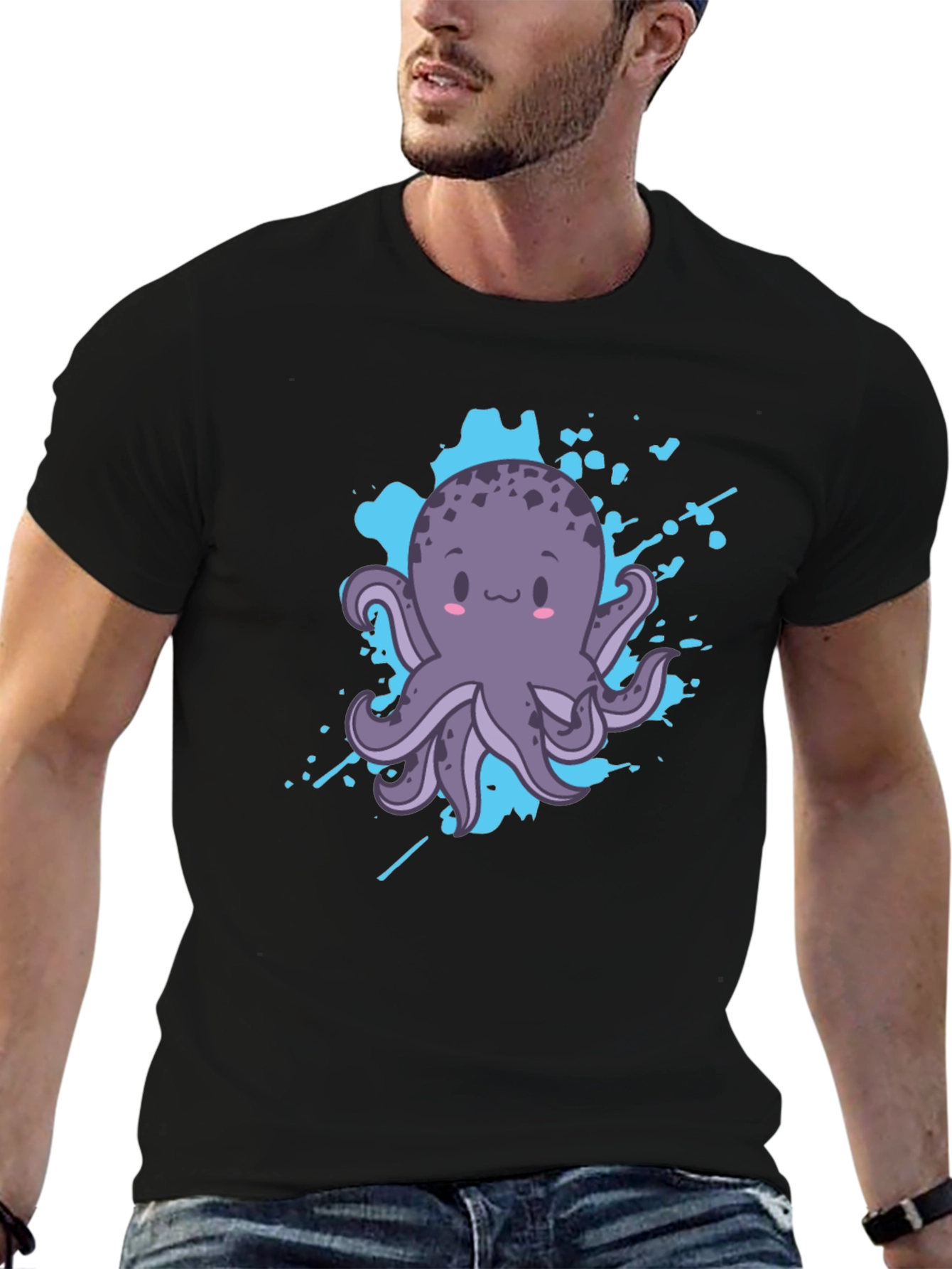 Cute Octopus Graphic Tee - Black Cotton T-Shirt