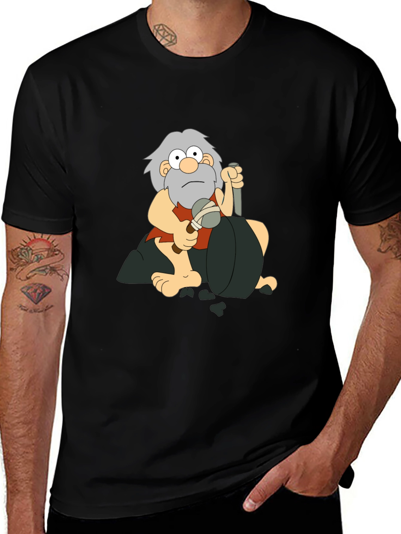 Caveman Cartoon Graphic T-Shirt - Black