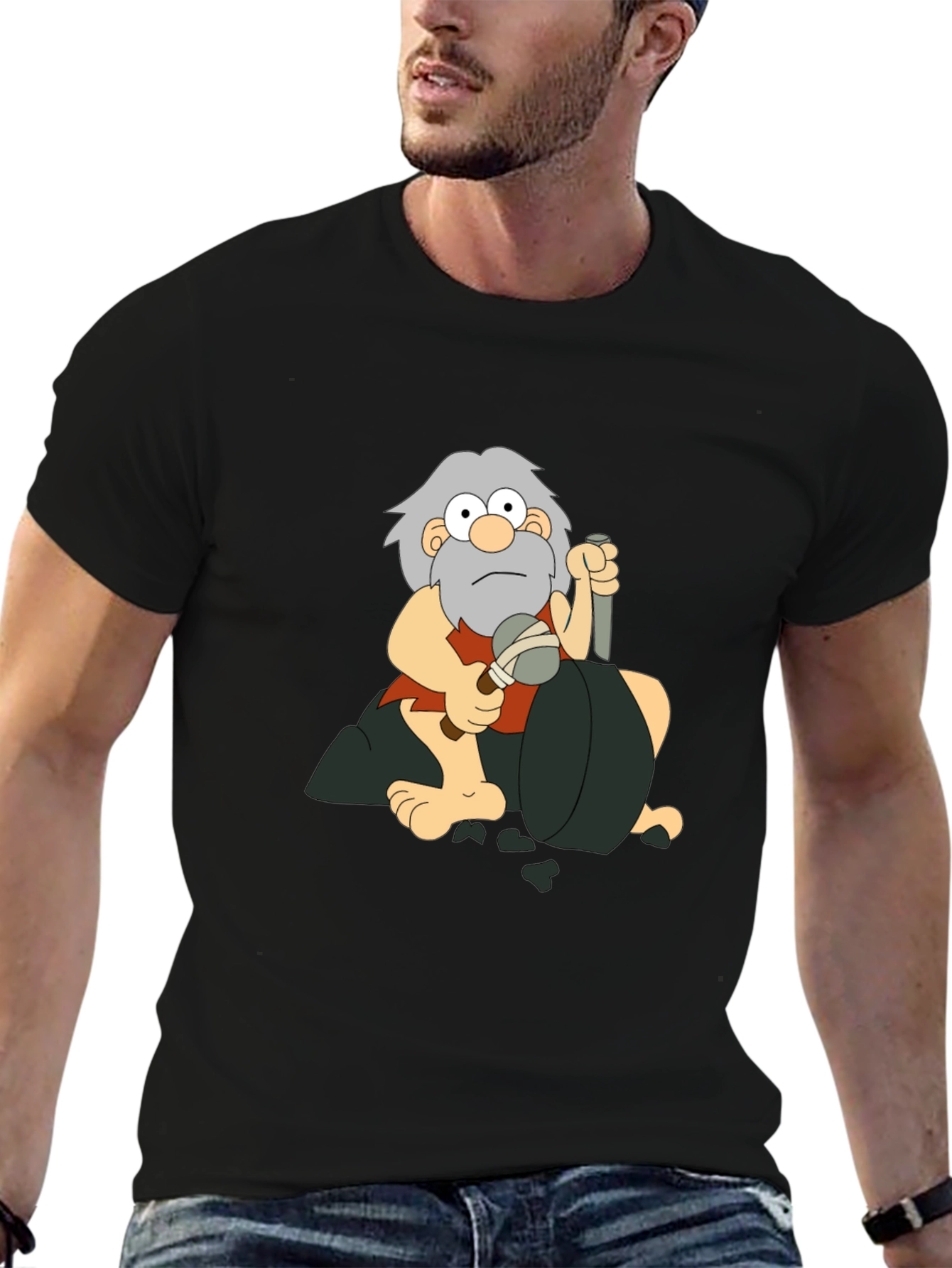 Caveman Cartoon Graphic T-Shirt - Black