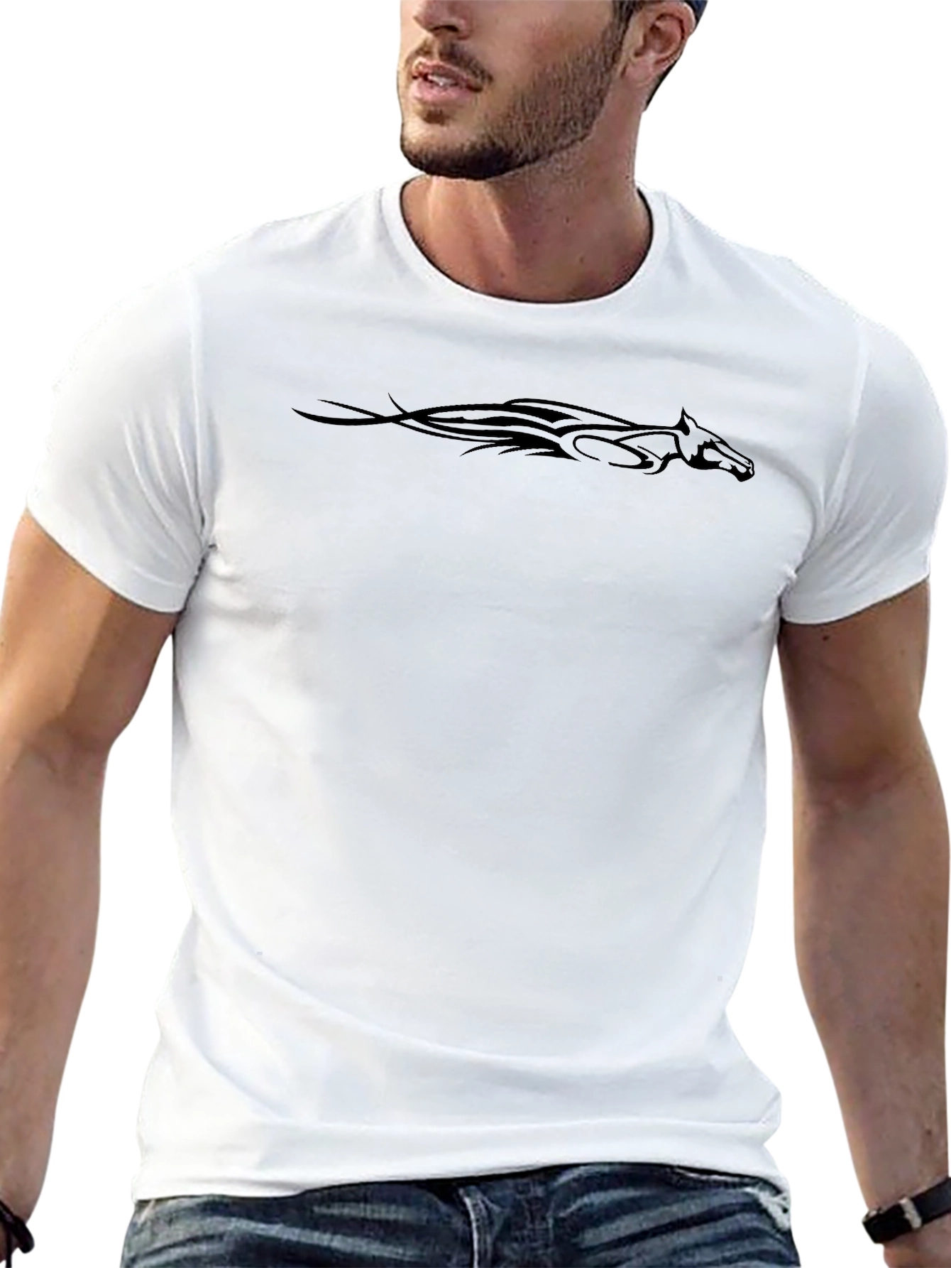 Mens Black T-Shirt with Horse Graphic Design