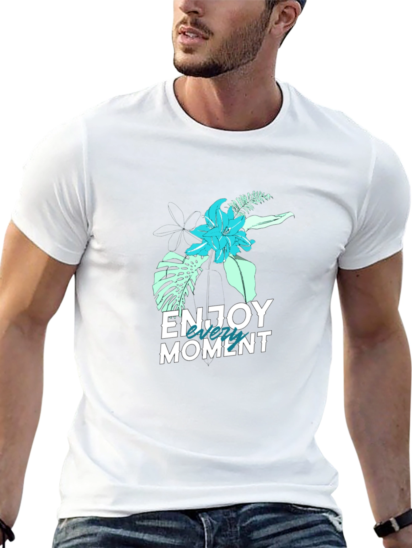 Mens Black Floral Enjoy the Moment Graphic Tee