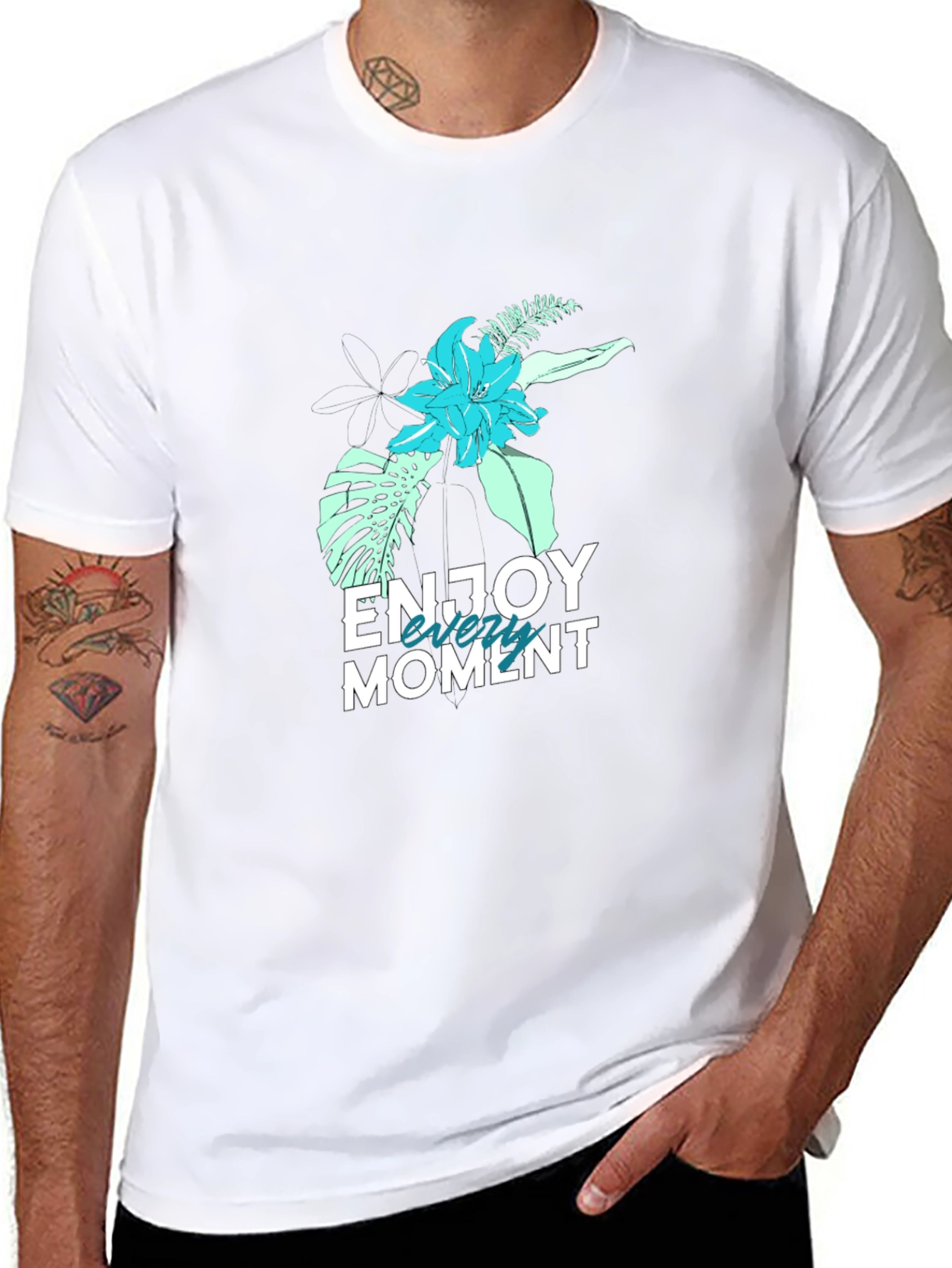 Mens Black Floral Enjoy the Moment Graphic Tee