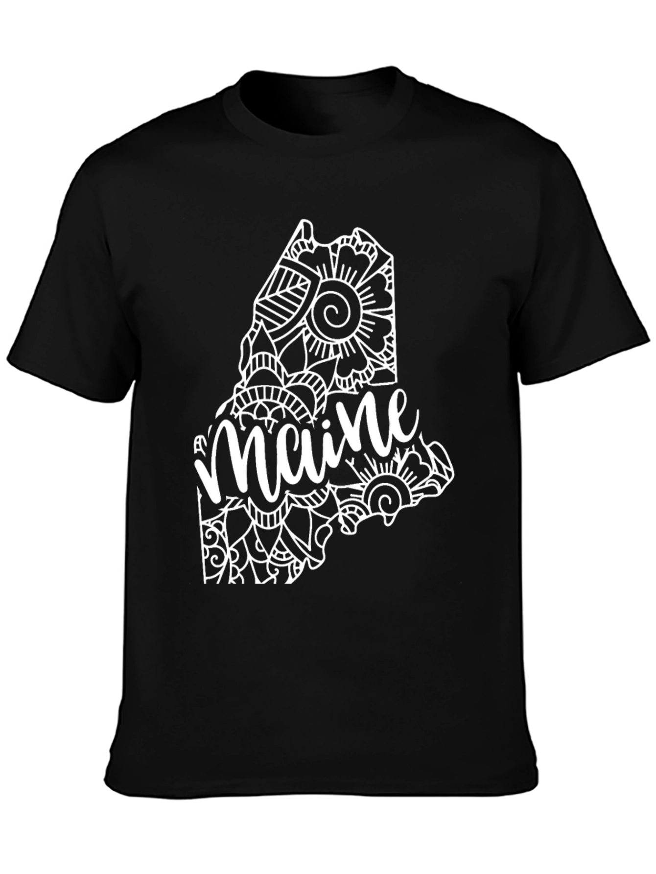 Maine State Mandala Art Black T-Shirt