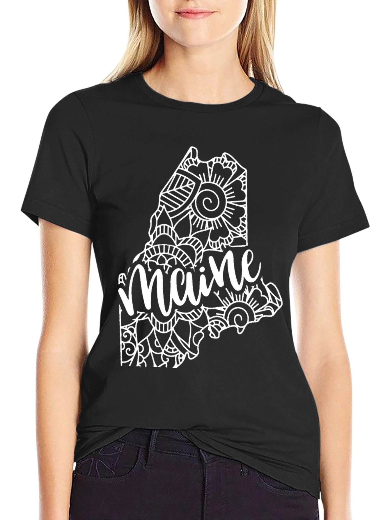 Maine State Mandala Art Black T-Shirt