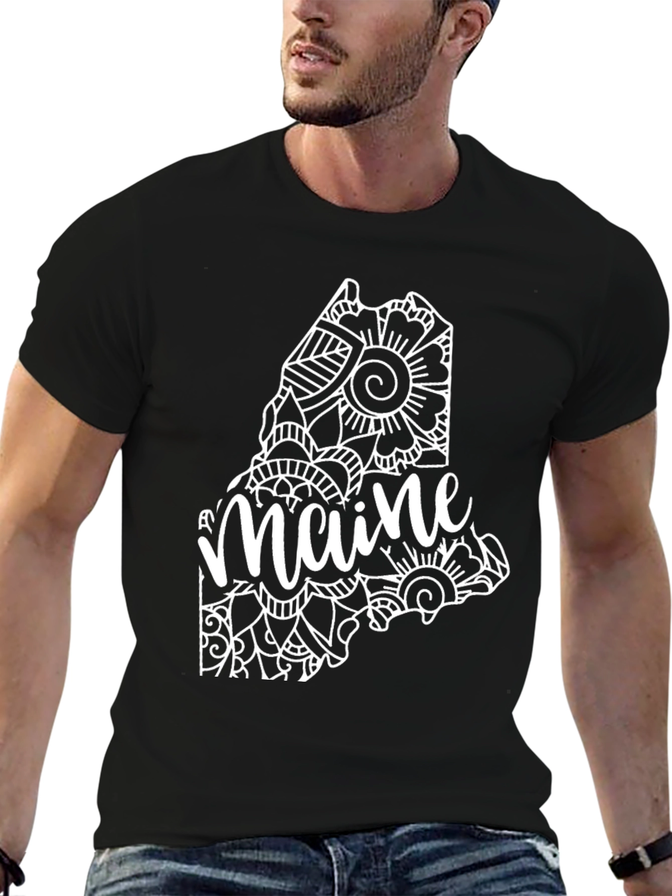 Maine State Mandala Art Black T-Shirt