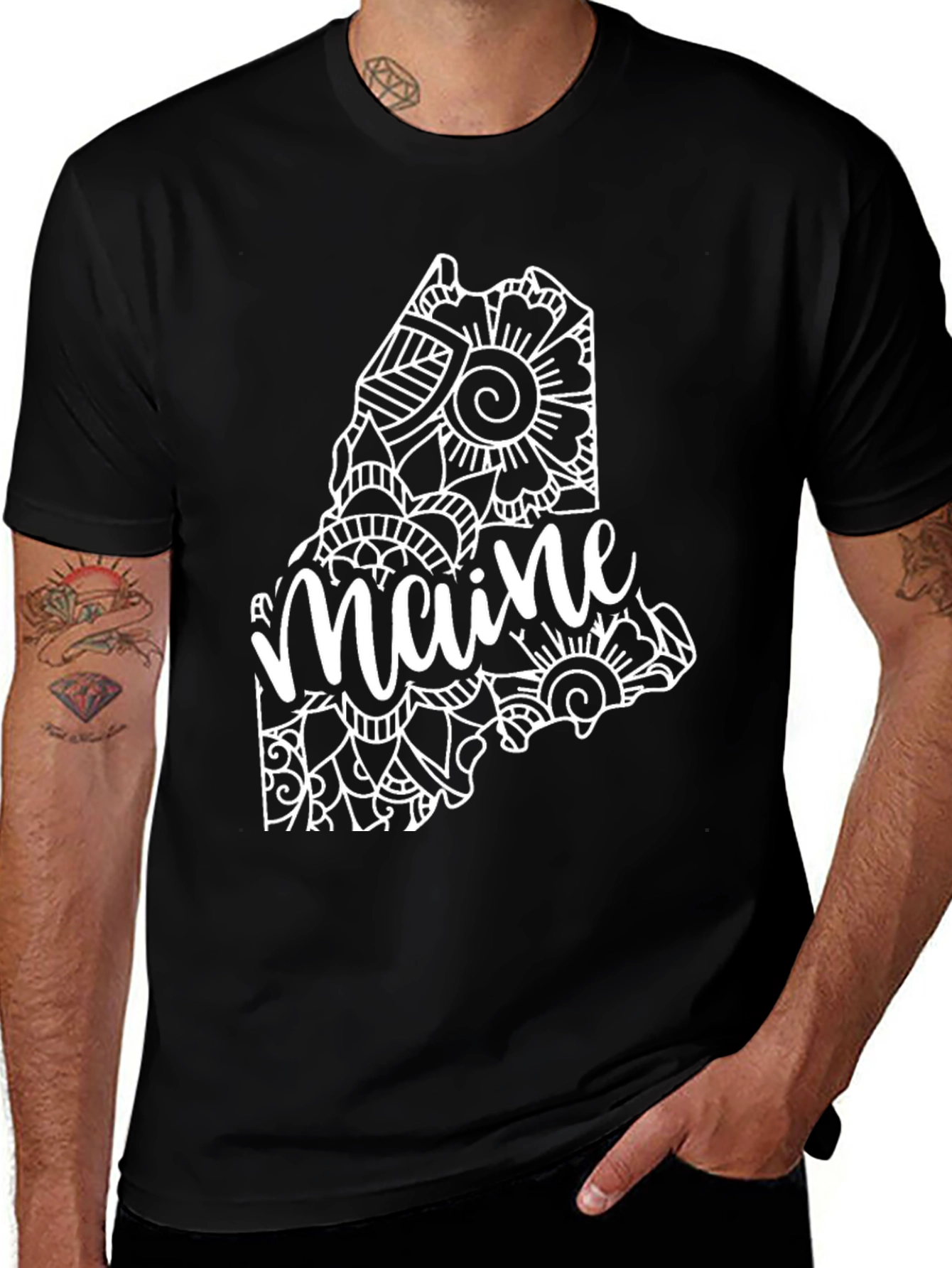 Maine State Mandala Art Black T-Shirt