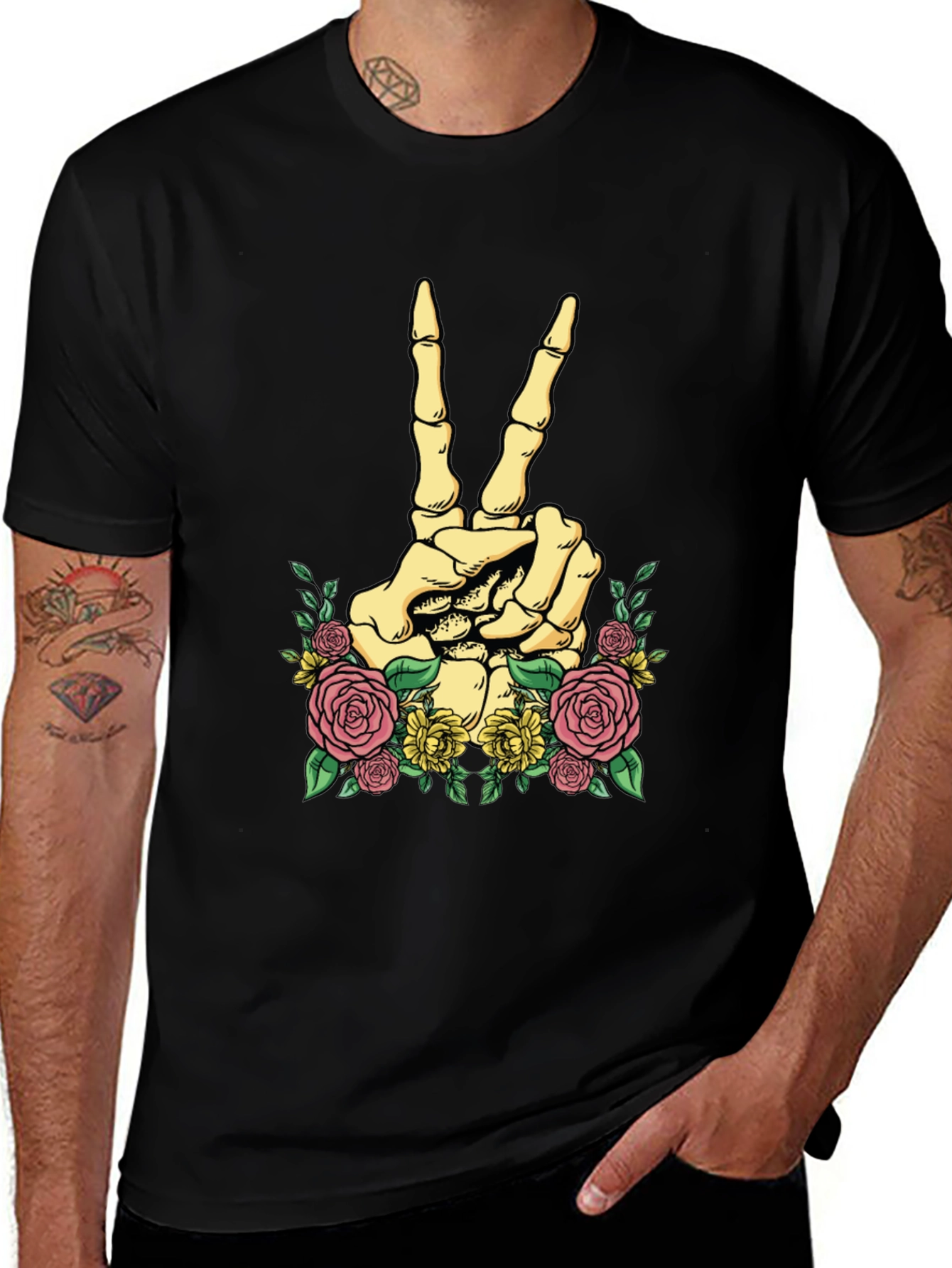 Floral Skeleton Peace Sign Graphic T-Shirt