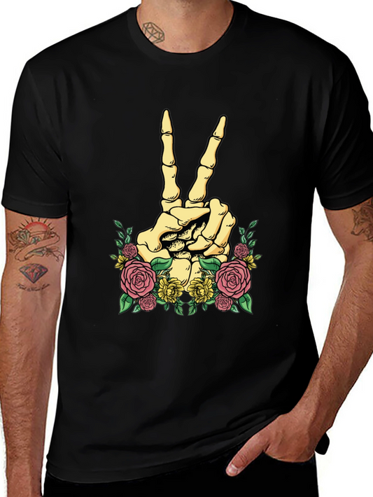 Floral Skeleton Peace Sign Graphic T-Shirt