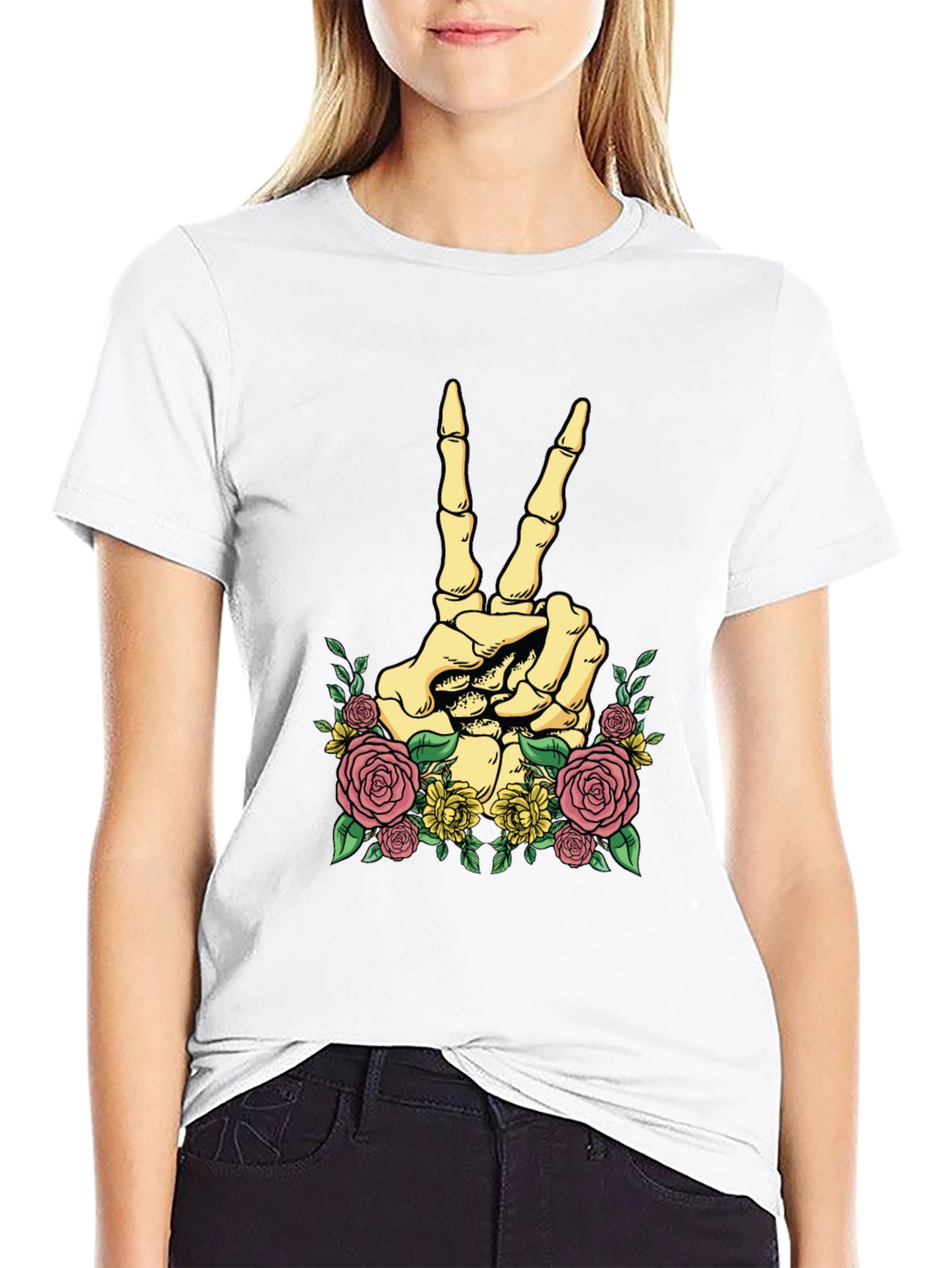Floral Skeleton Peace Sign Graphic T-Shirt