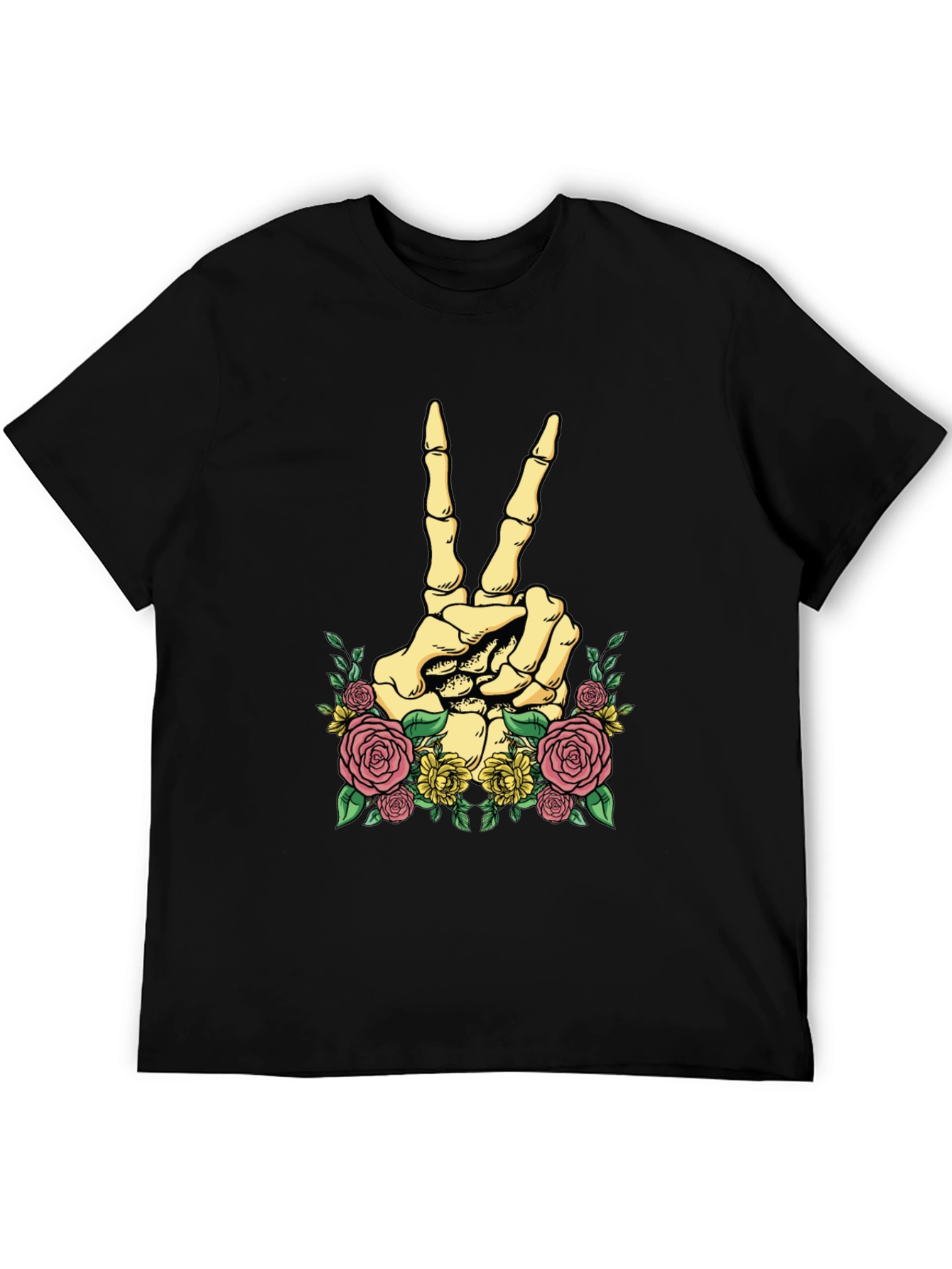 Floral Skeleton Peace Sign Graphic T-Shirt