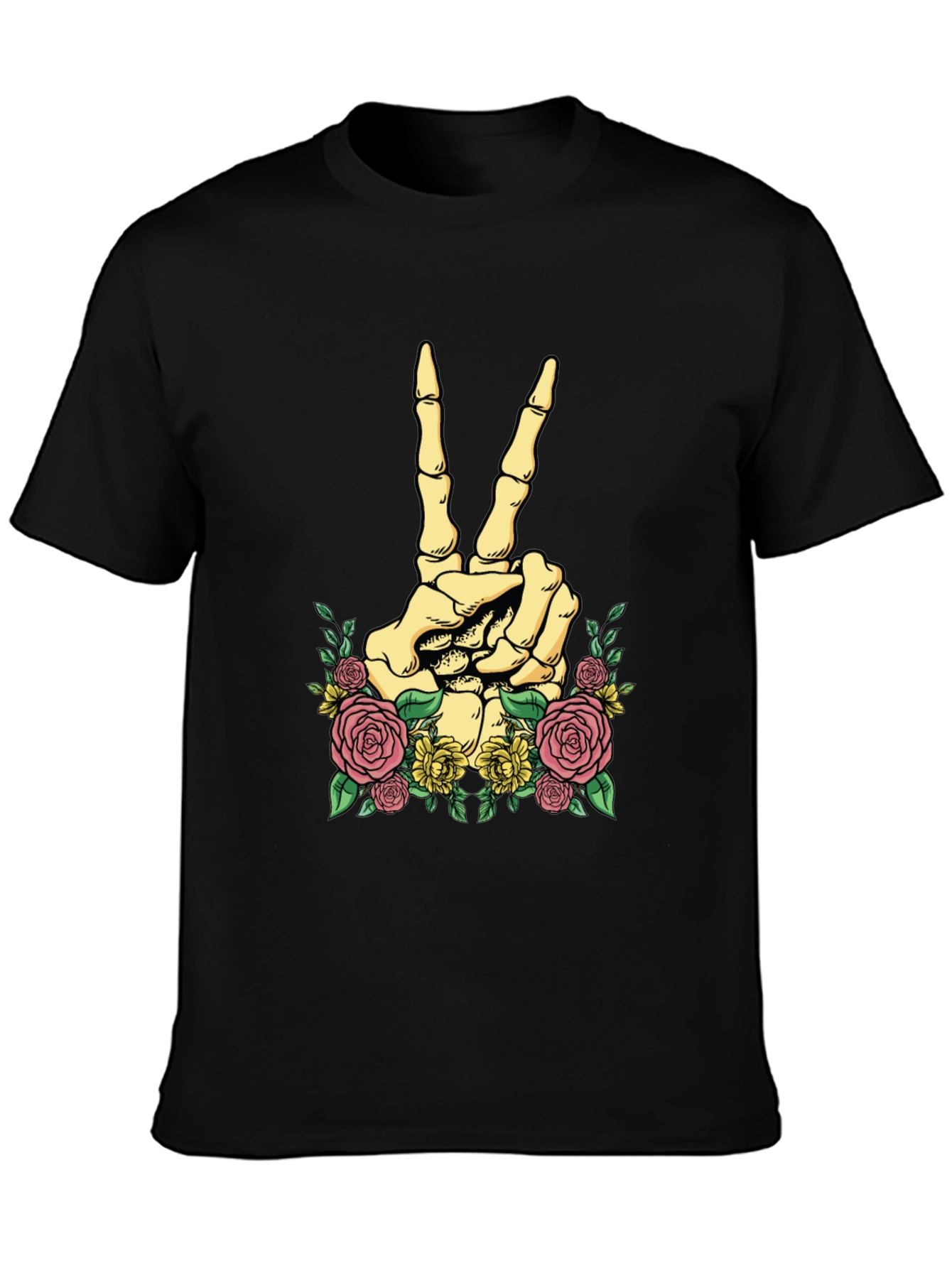 Floral Skeleton Peace Sign Graphic T-Shirt