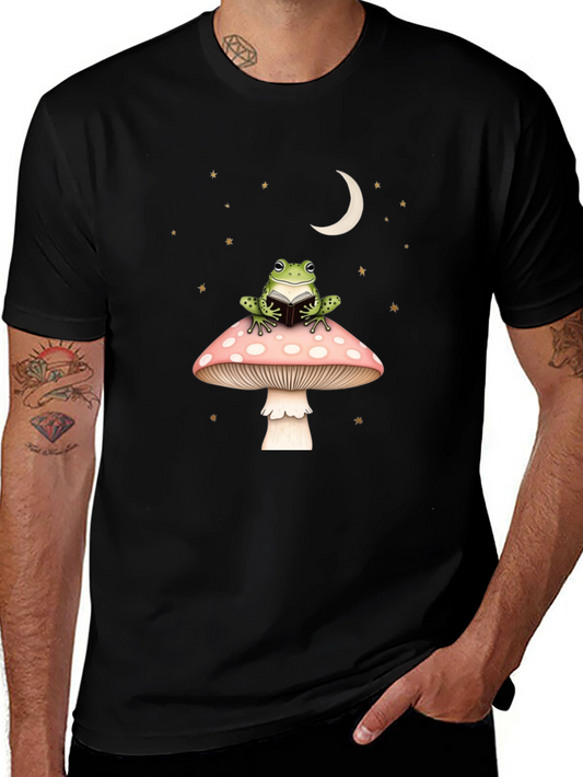 Frog Reading on Mushroom Black Tee