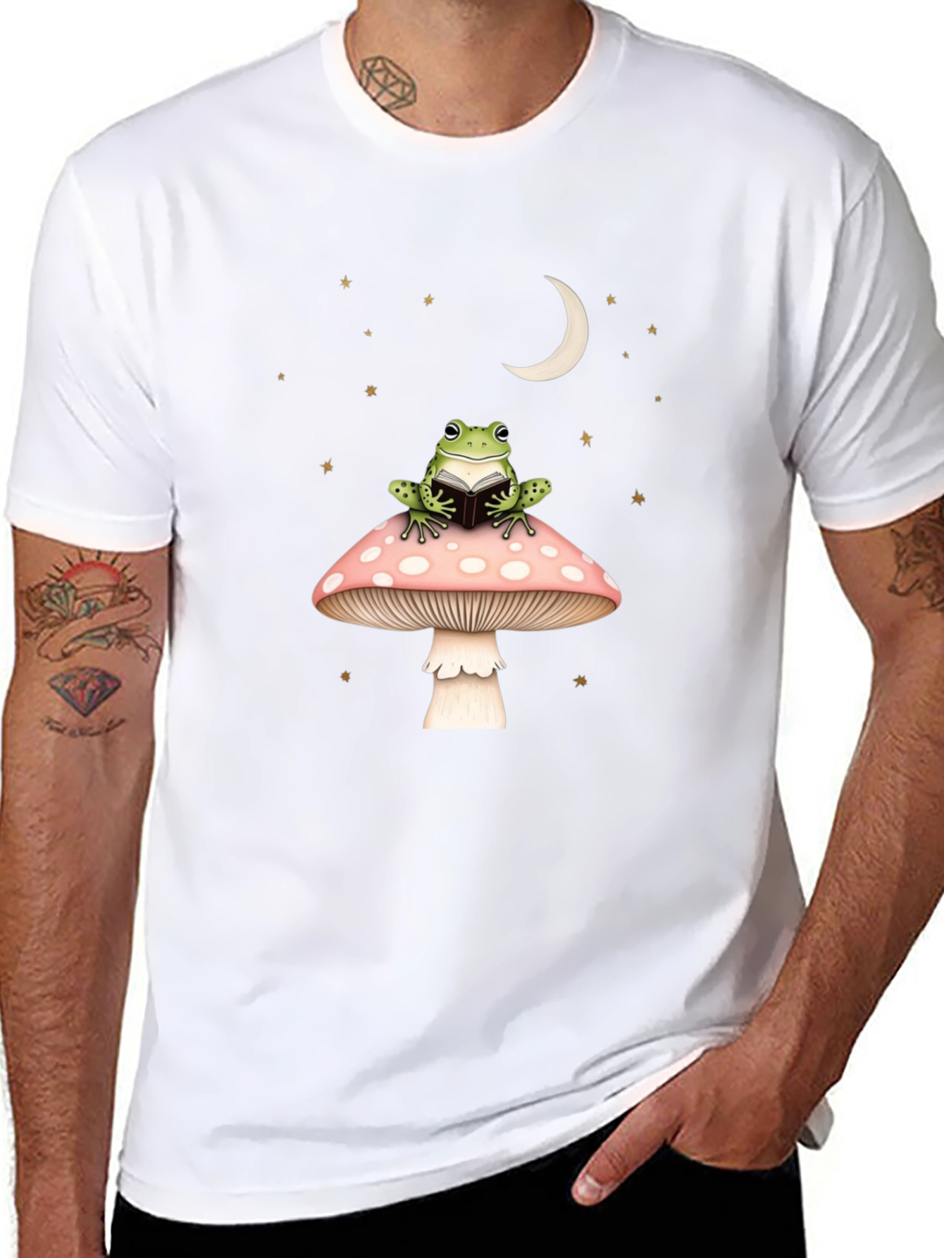 Frog Reading on Mushroom Black Tee