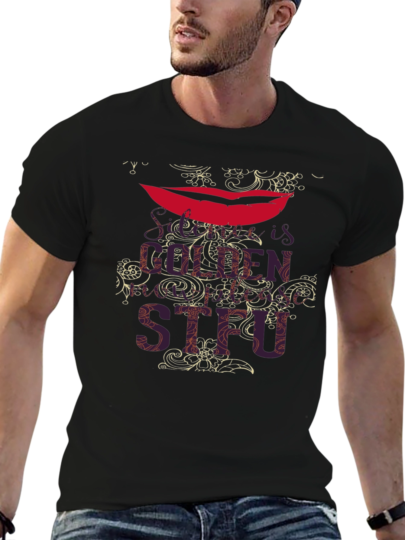 Statement Lips Graphic Black T-Shirt for Men