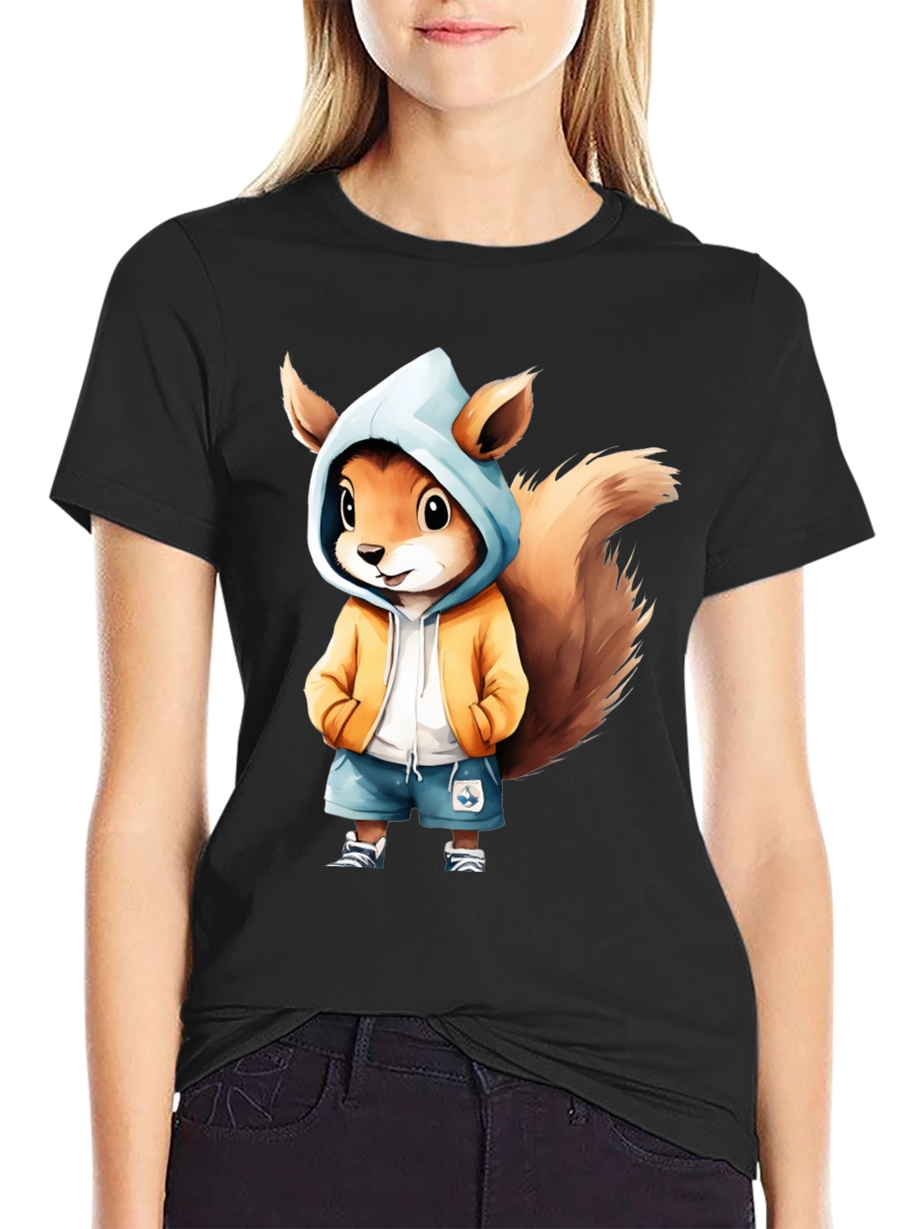 Squirrel Cartoon Graphic Black T-Shirt