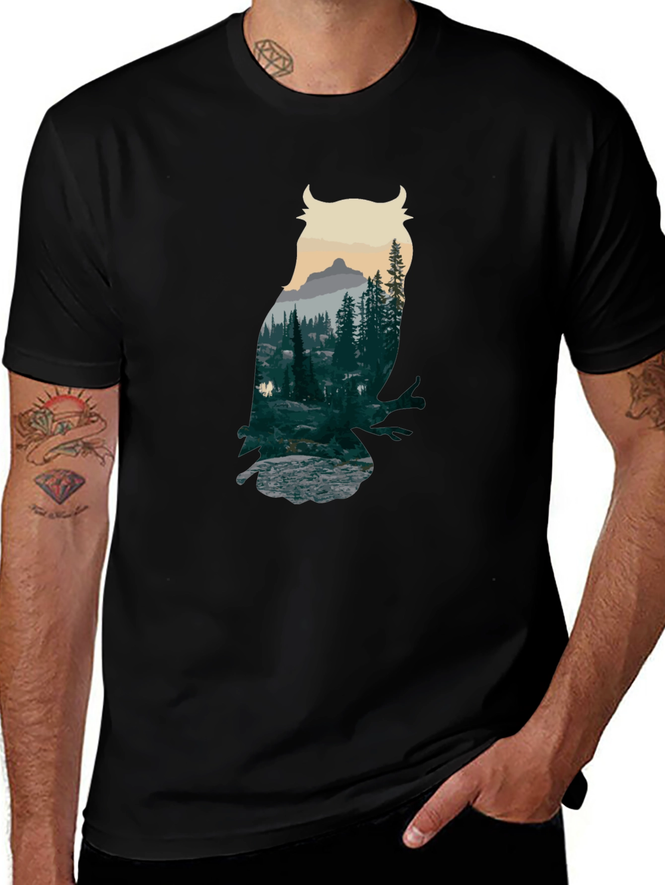 Owl Forest Graphic Black T-Shirt