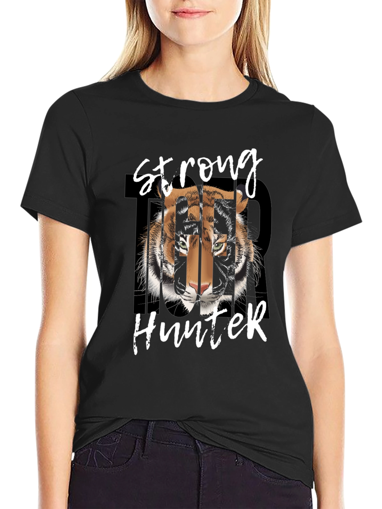 Strong Hunter Tiger Graphic Tee - Black Cotton T-Shirt