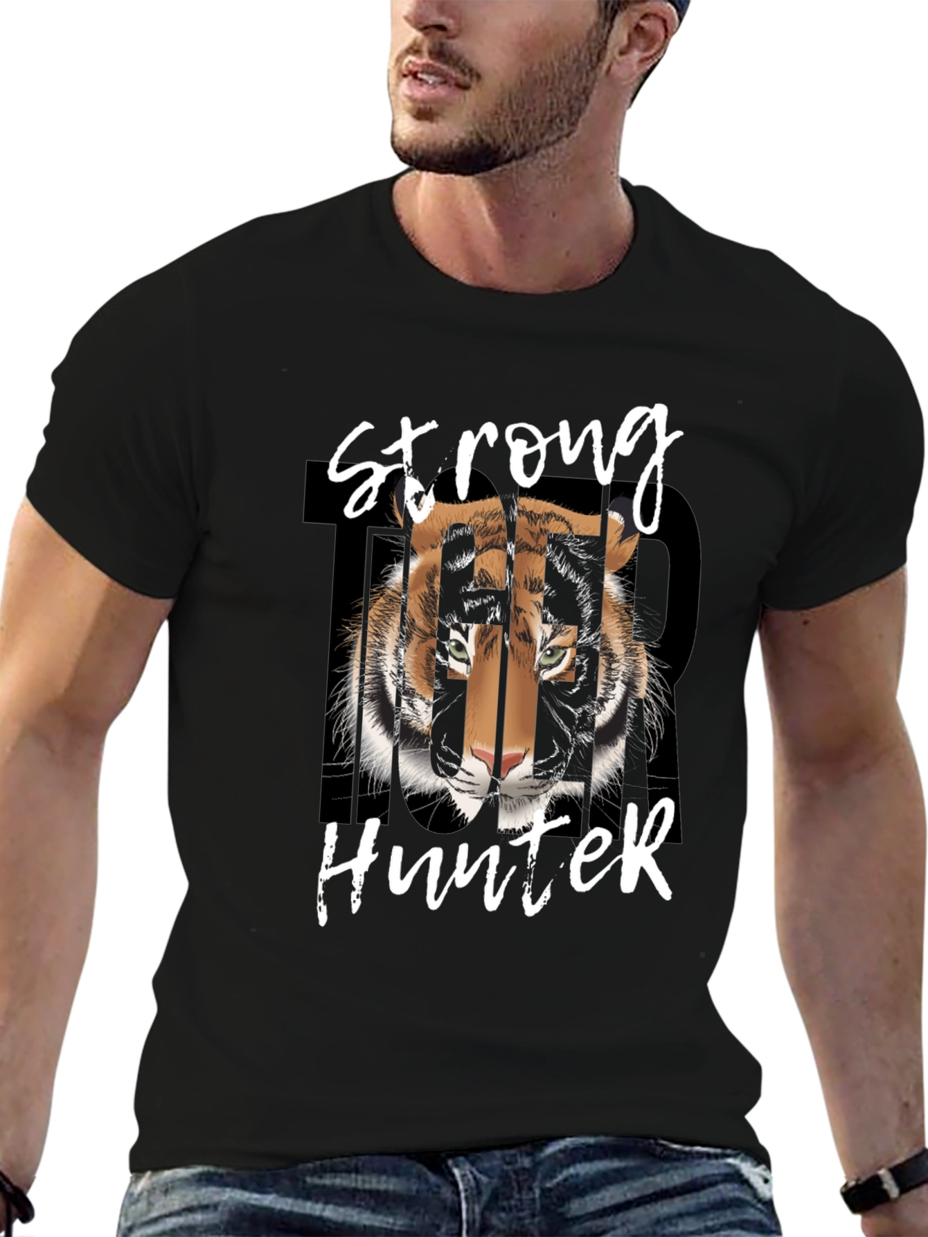 Strong Hunter Tiger Graphic Tee - Black Cotton T-Shirt