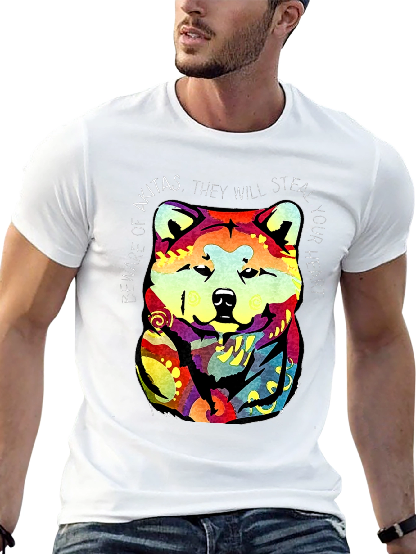 Akita Dog Graphic Print Crew Neck T-Shirt