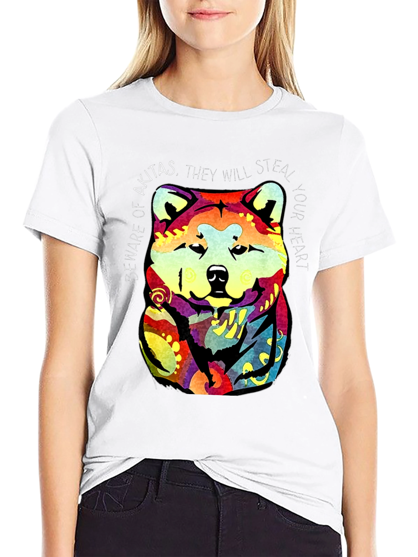 Akita Dog Graphic Print Crew Neck T-Shirt