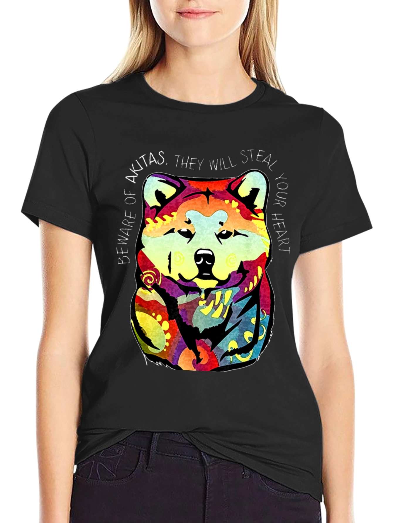 Akita Dog Graphic Print Crew Neck T-Shirt