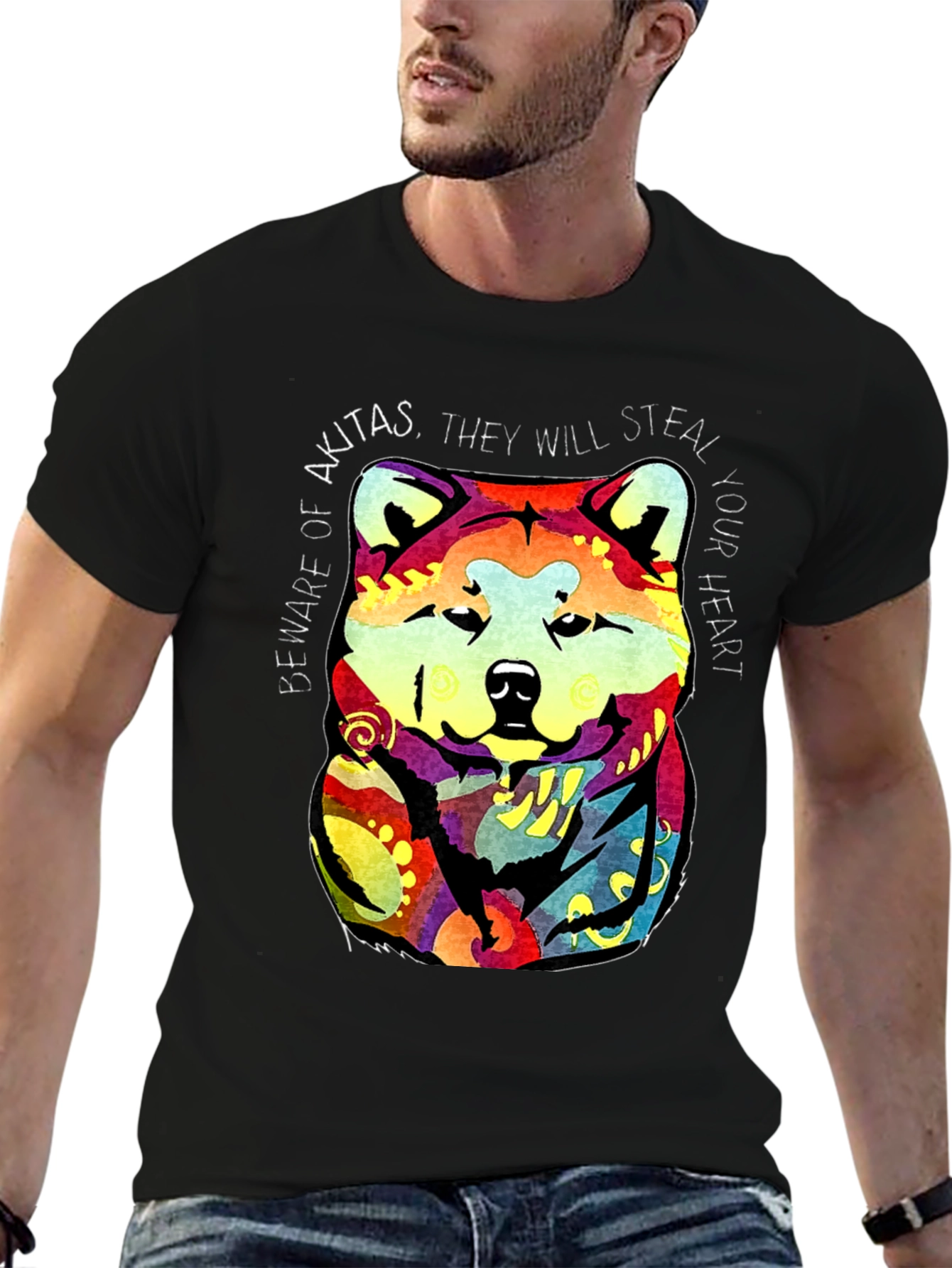 Akita Dog Graphic Print Crew Neck T-Shirt