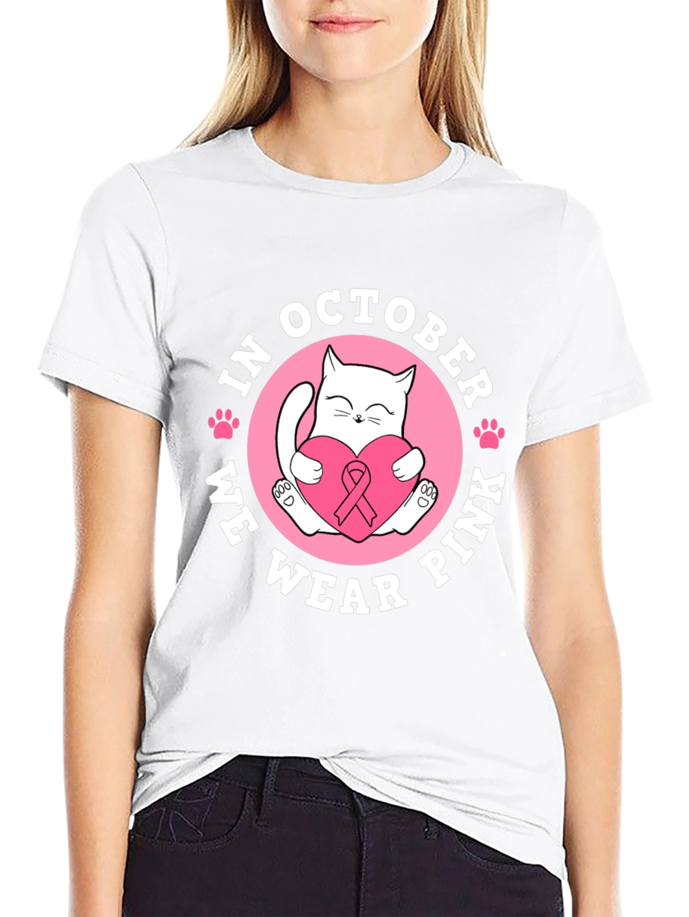 In October We Wear Pink Breast Cancer Cat T-Shirt