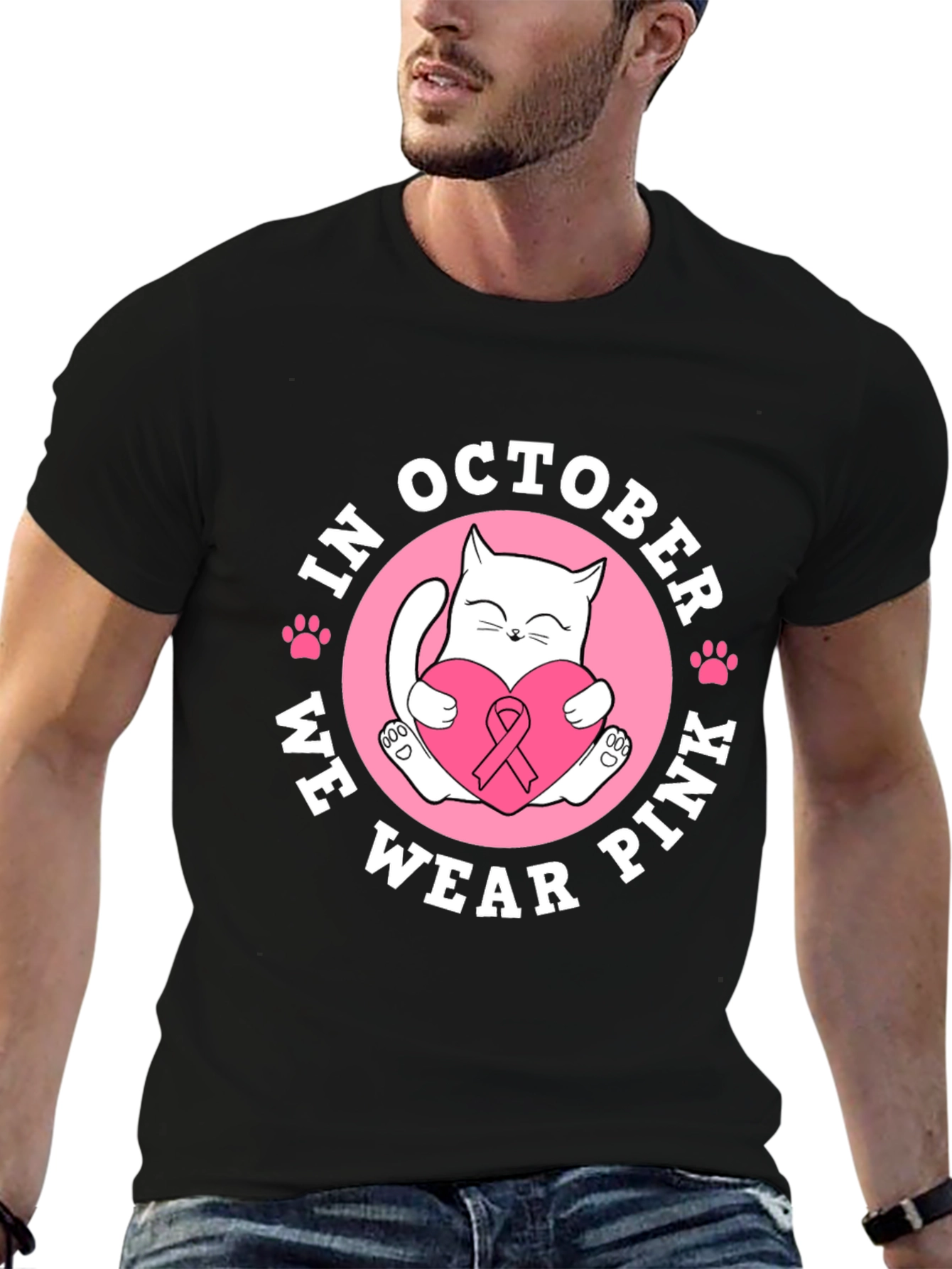 In October We Wear Pink Breast Cancer Cat T-Shirt