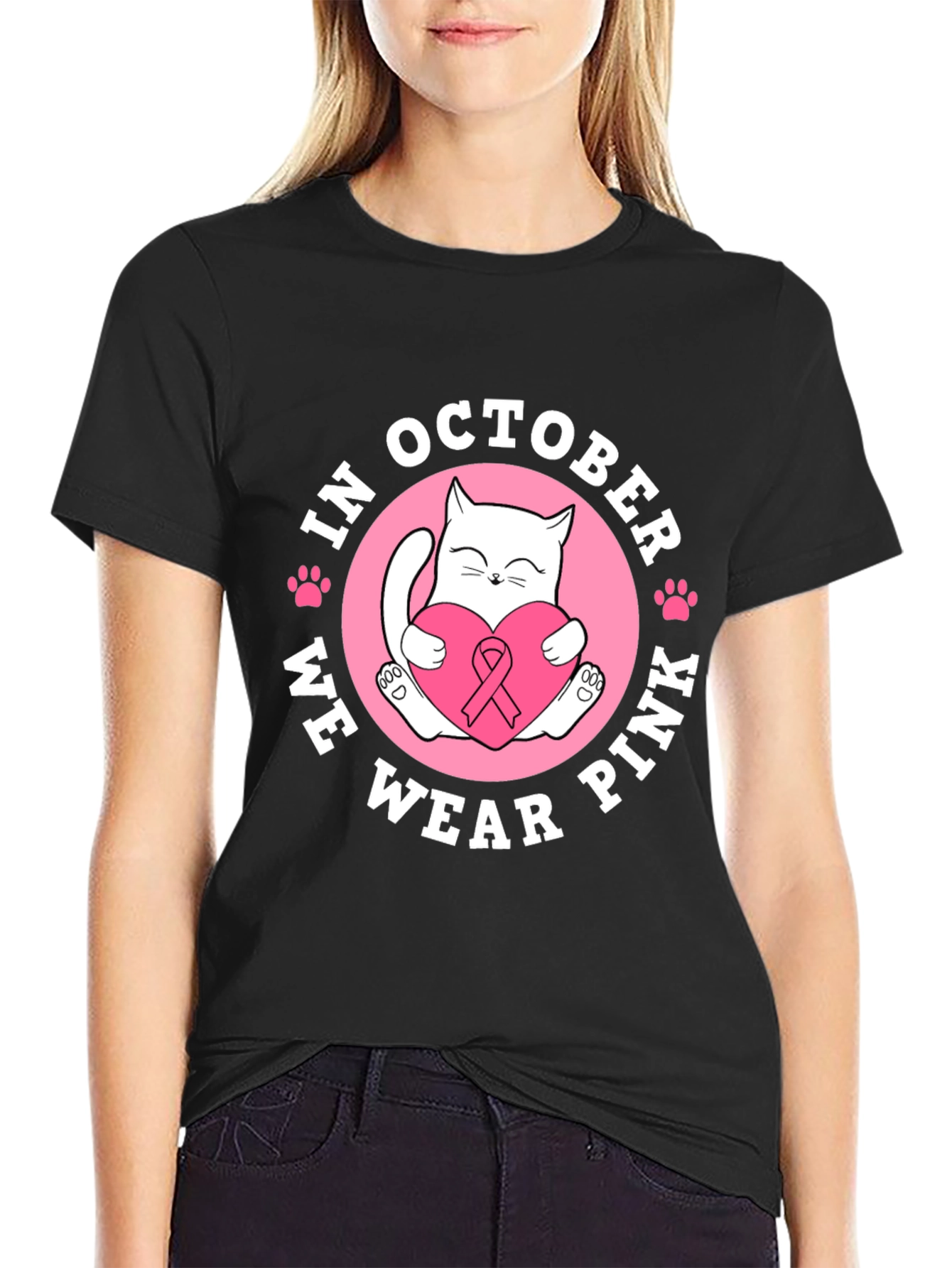In October We Wear Pink Breast Cancer Cat T-Shirt