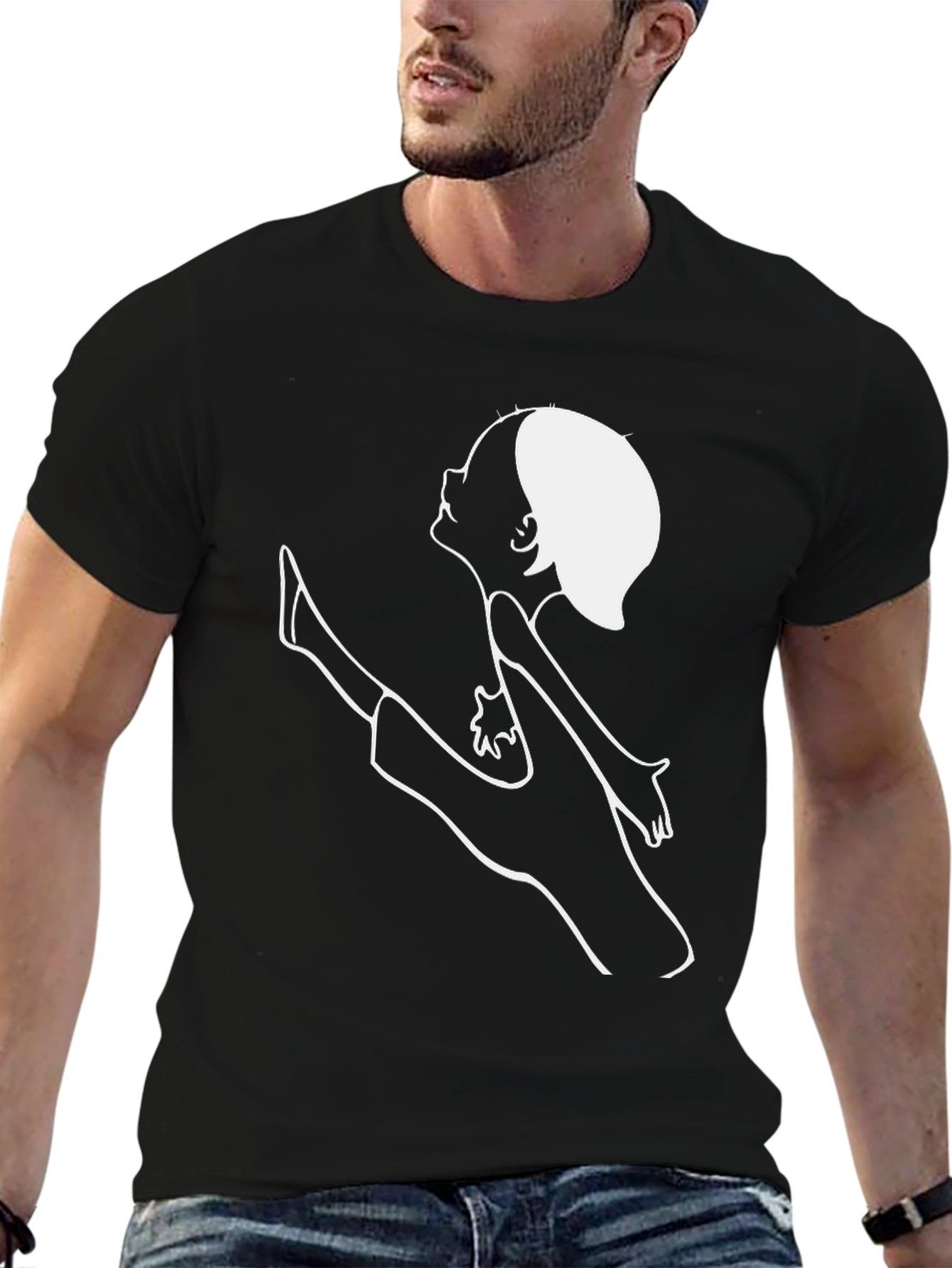 Black T-Shirt with Artistic White Line Art