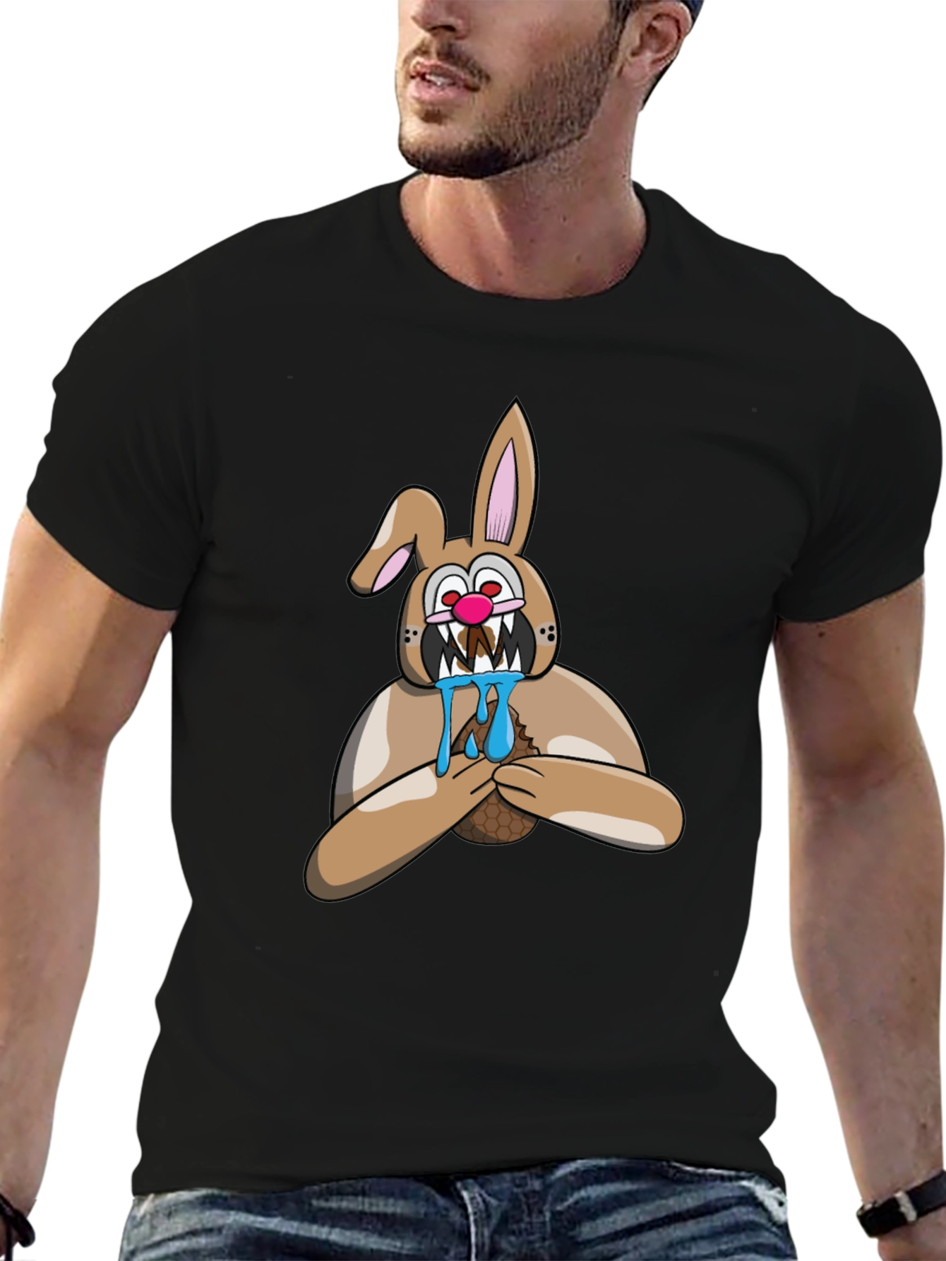 Mens Black T-Shirt with Cartoon Bunny Graphic