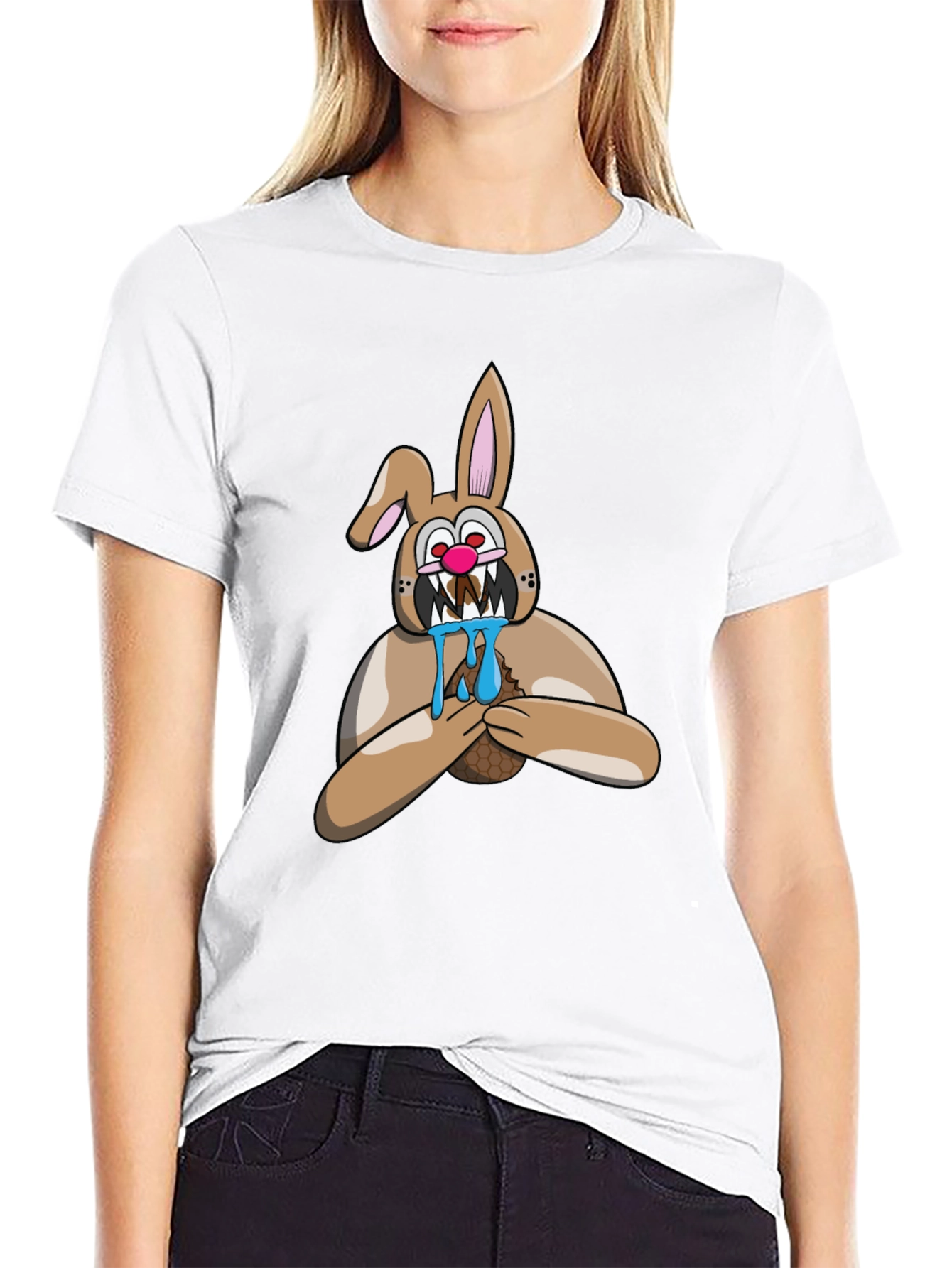 Mens Black T-Shirt with Cartoon Bunny Graphic