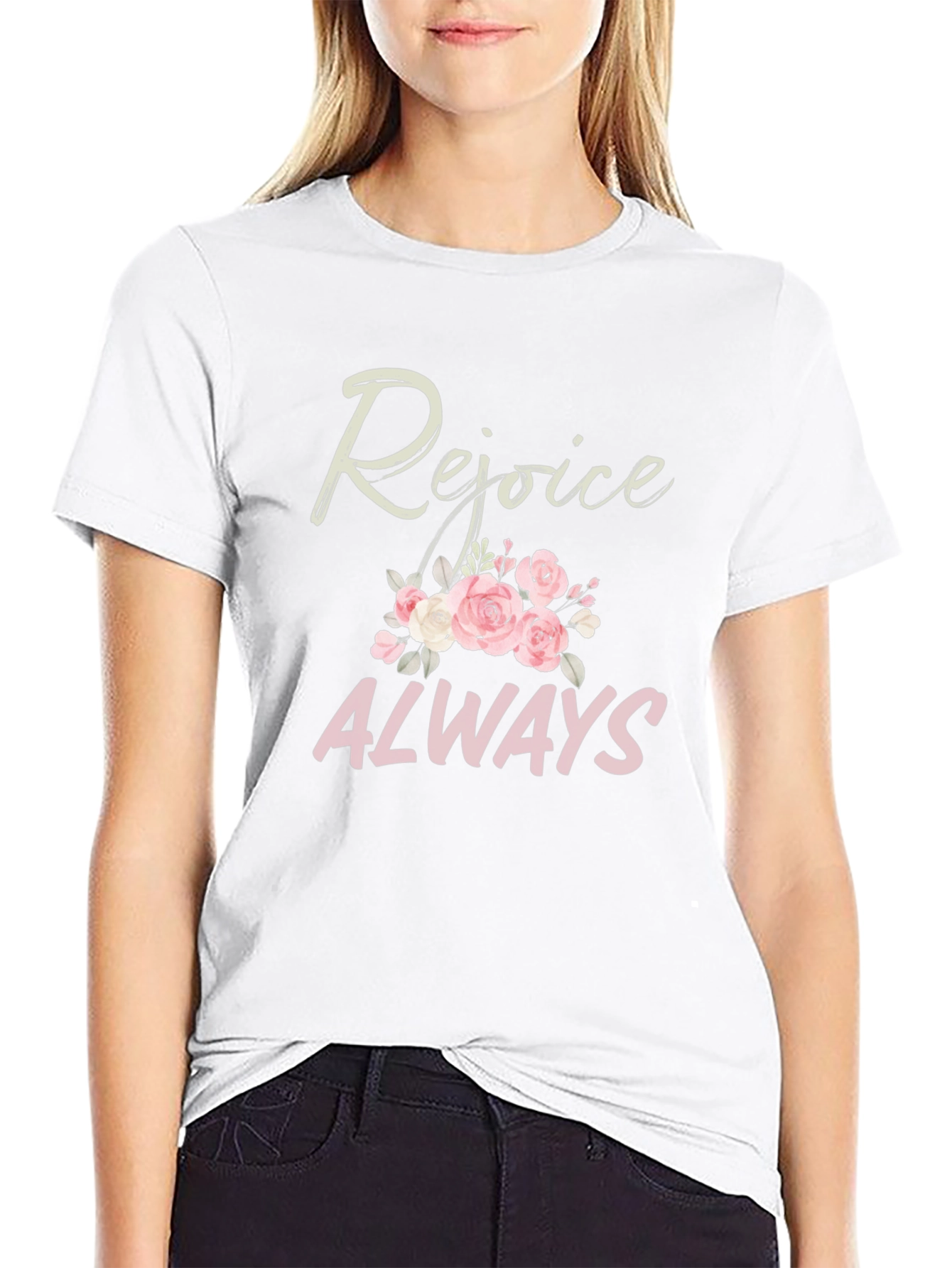 Rejoice Always Black T-Shirt with Floral Design