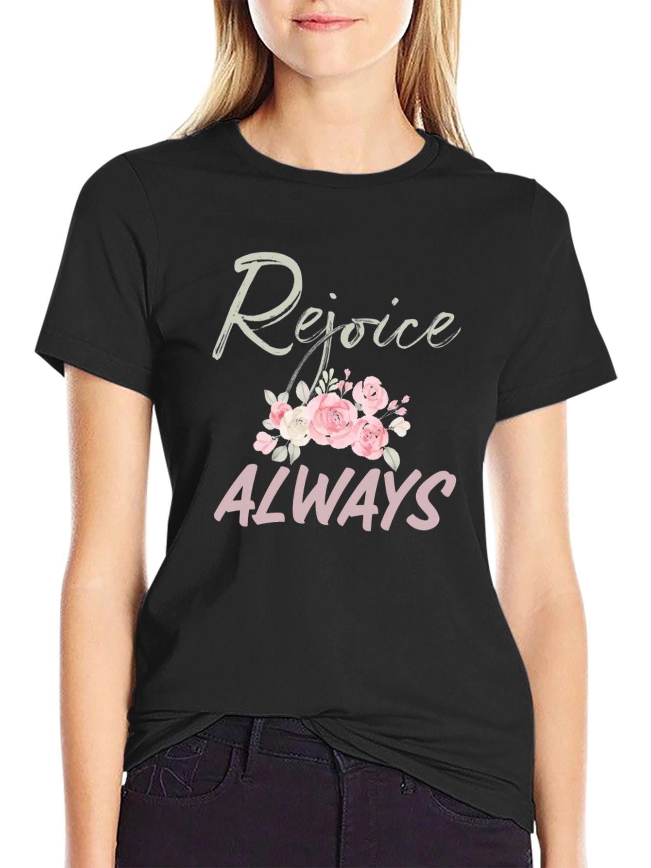 Rejoice Always Black T-Shirt with Floral Design