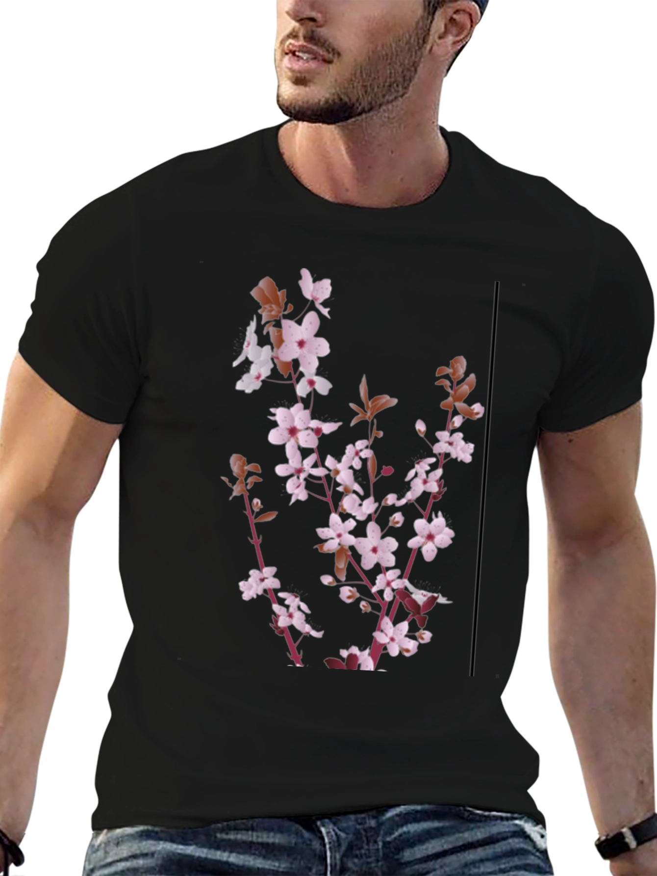 Floral Print Mens Black T-Shirt