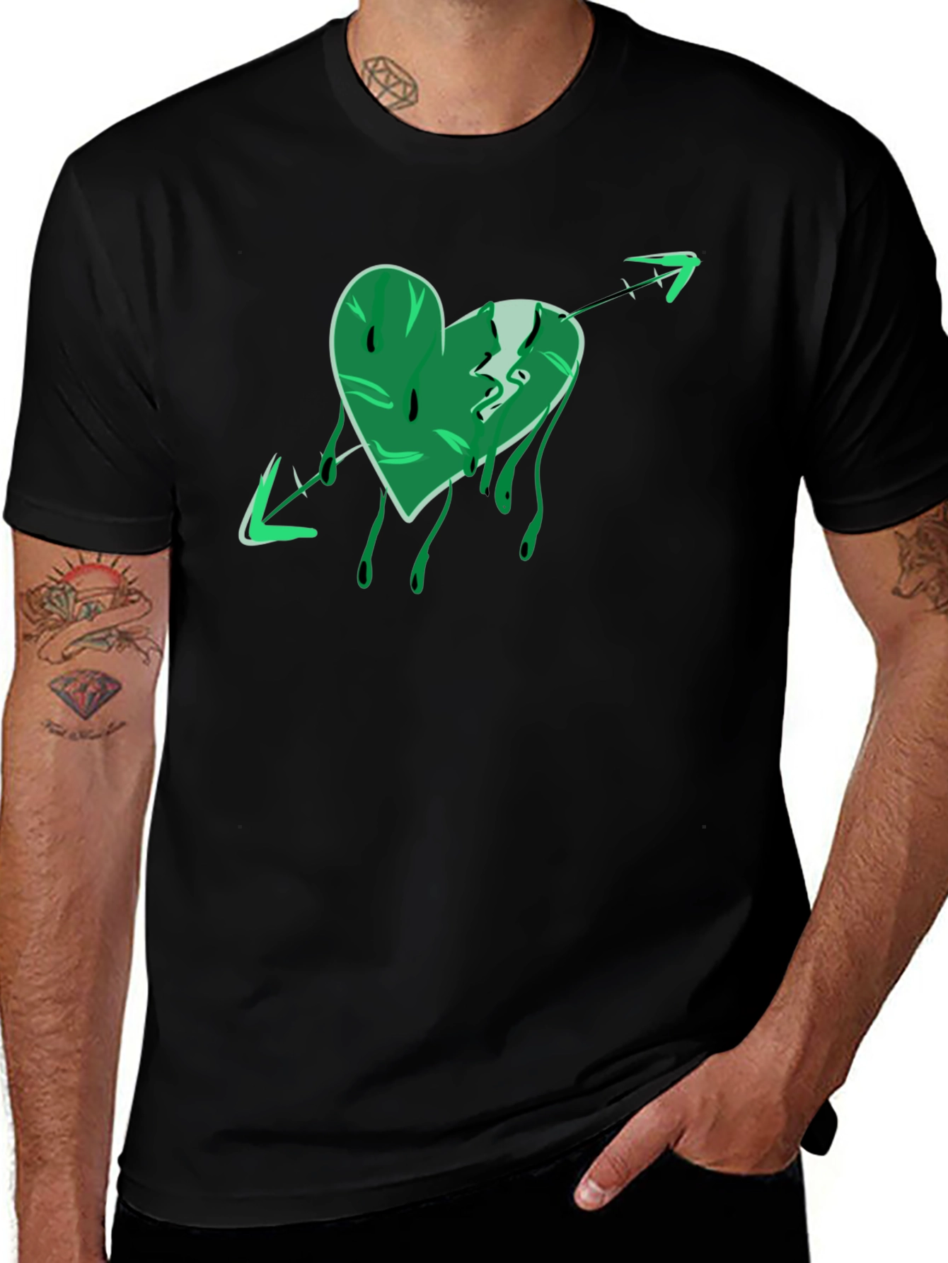 Green Heart Arrow Graphic Black T-Shirt