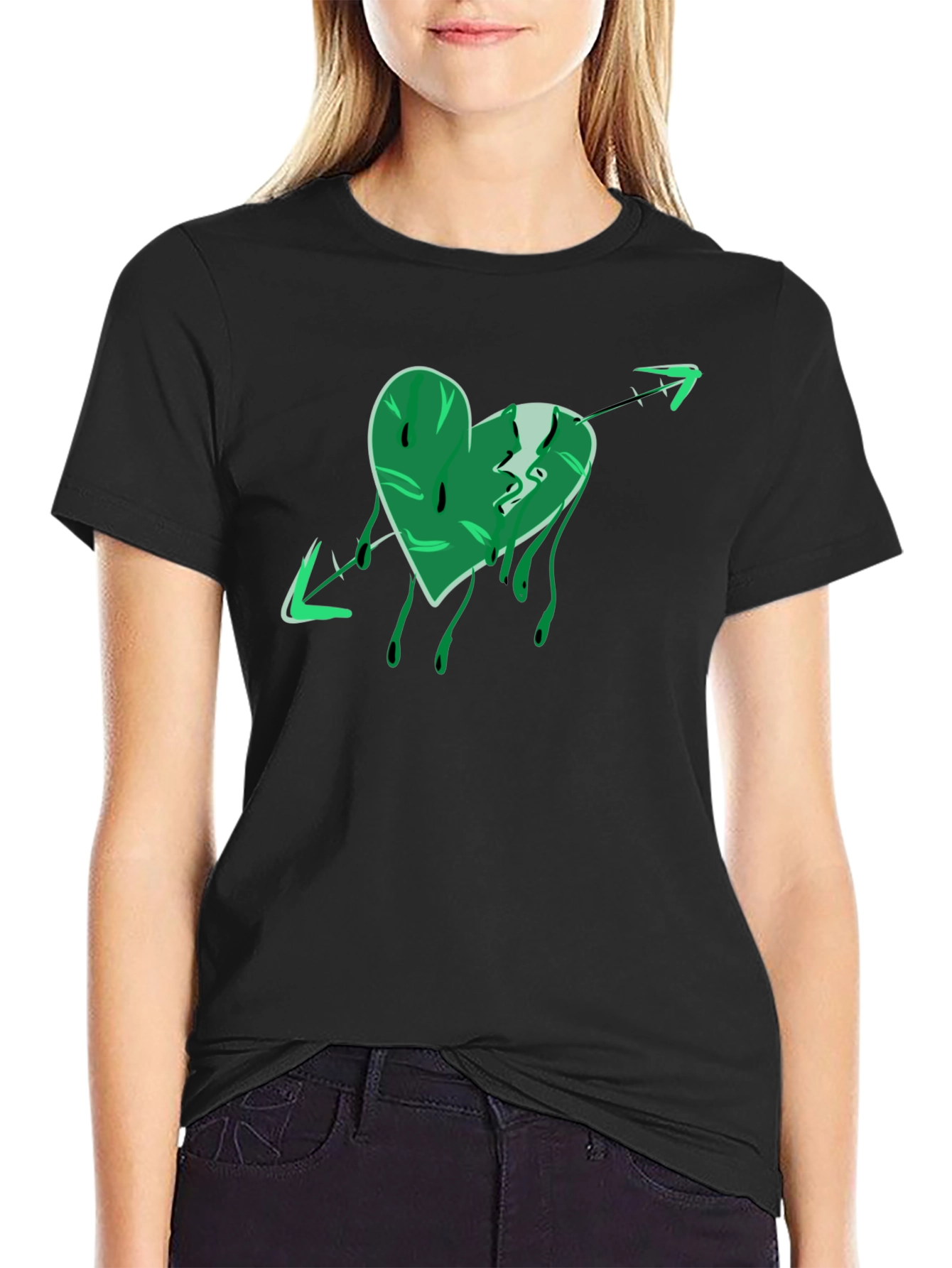 Green Heart Arrow Graphic Black T-Shirt