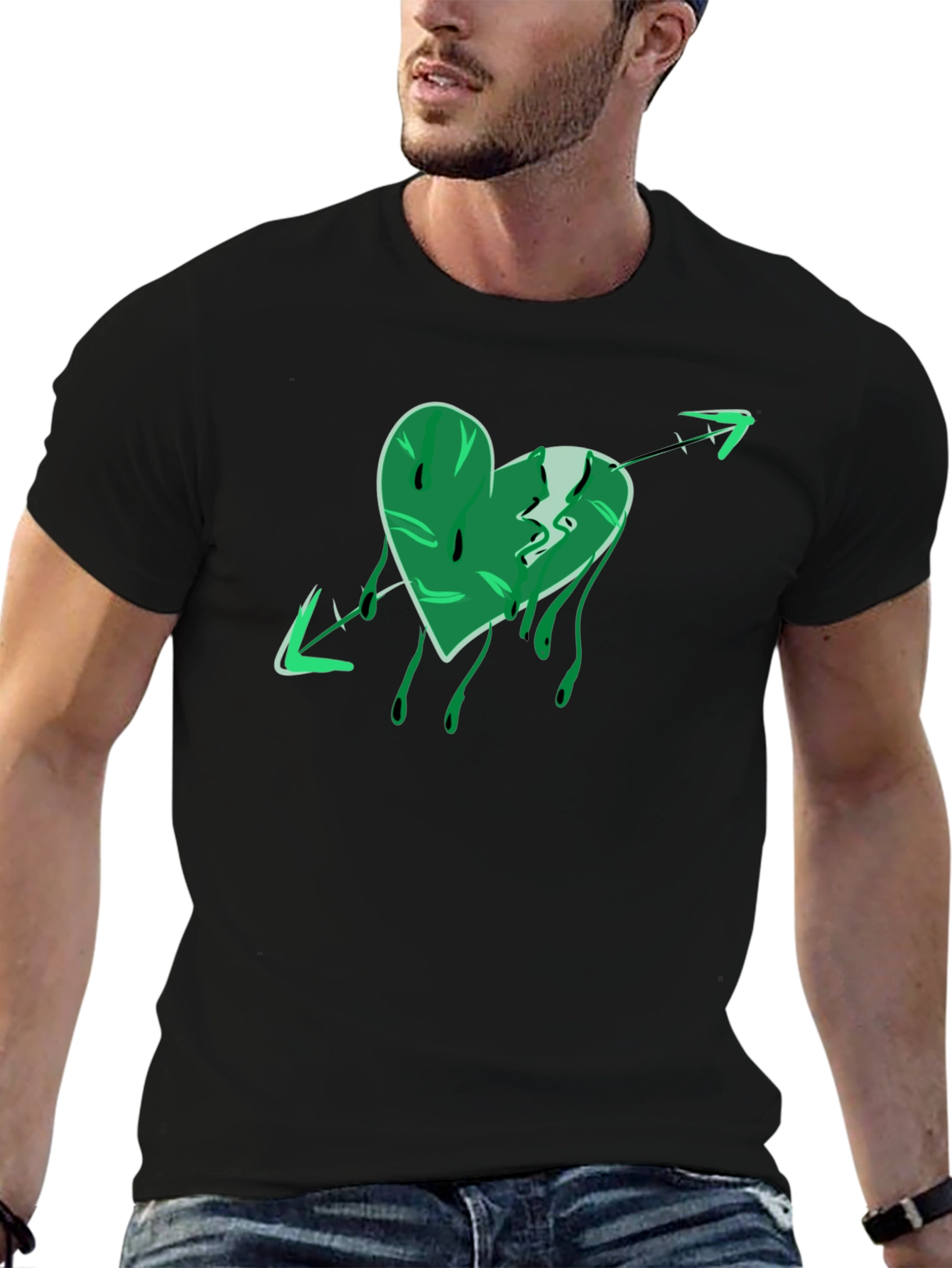 Green Heart Arrow Graphic Black T-Shirt